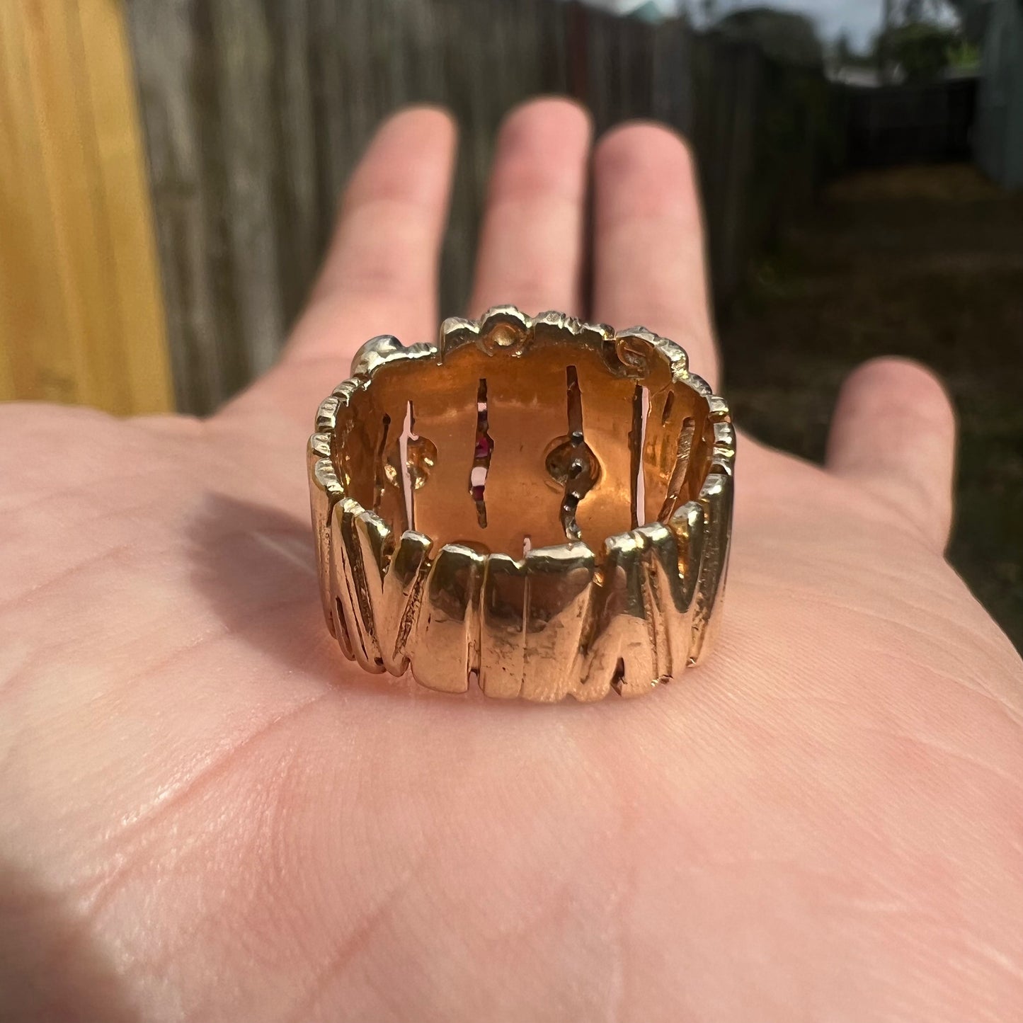 1960’s Custom Solid 14k Yellow Gold Natural Ruby And Diamond Encrusted Brutalist Ring (5)