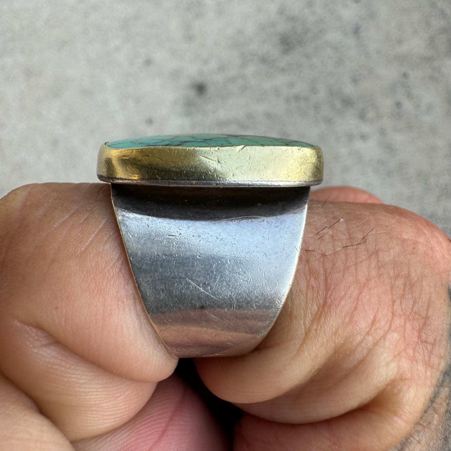 Vintage Hand Wrought Artist Signed 18k Yellow Gold Sterling Silver Large Spider Web Turquoise Ring (11)