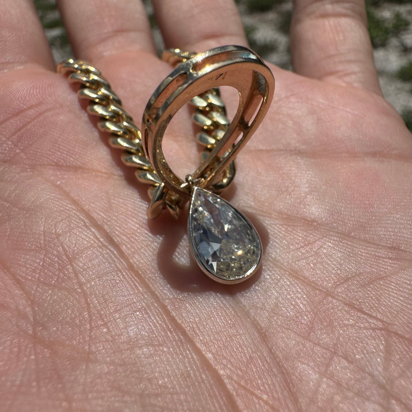 Vintage 1.78ct Natural Pear Cut Diamond Solitaire Solid 14k Yellow Gold Heavyweight Cuban Link Necklace (16”)