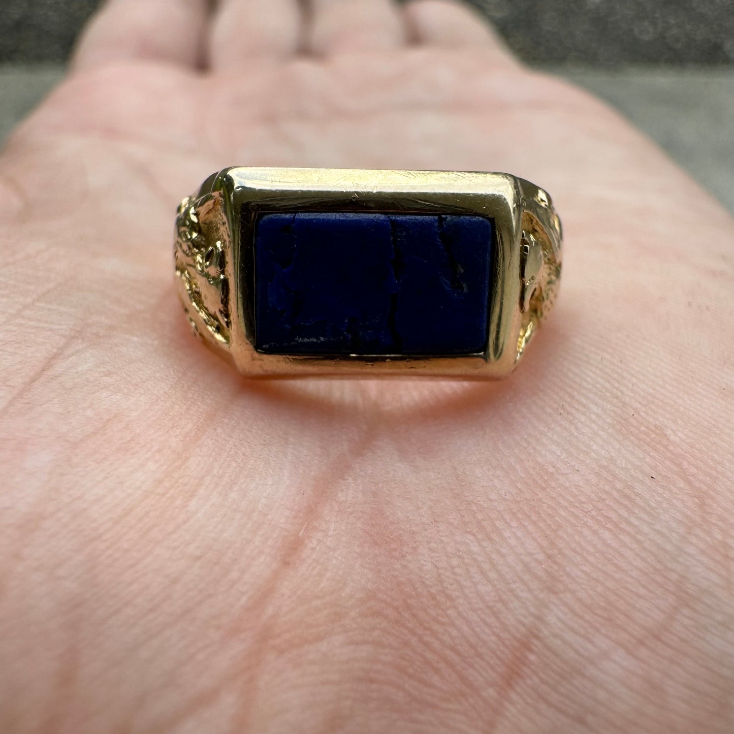 Art Nouveau 14k Yellow Gold Raw Lapis Griffin Signet Ring By Larter And Sons (6)