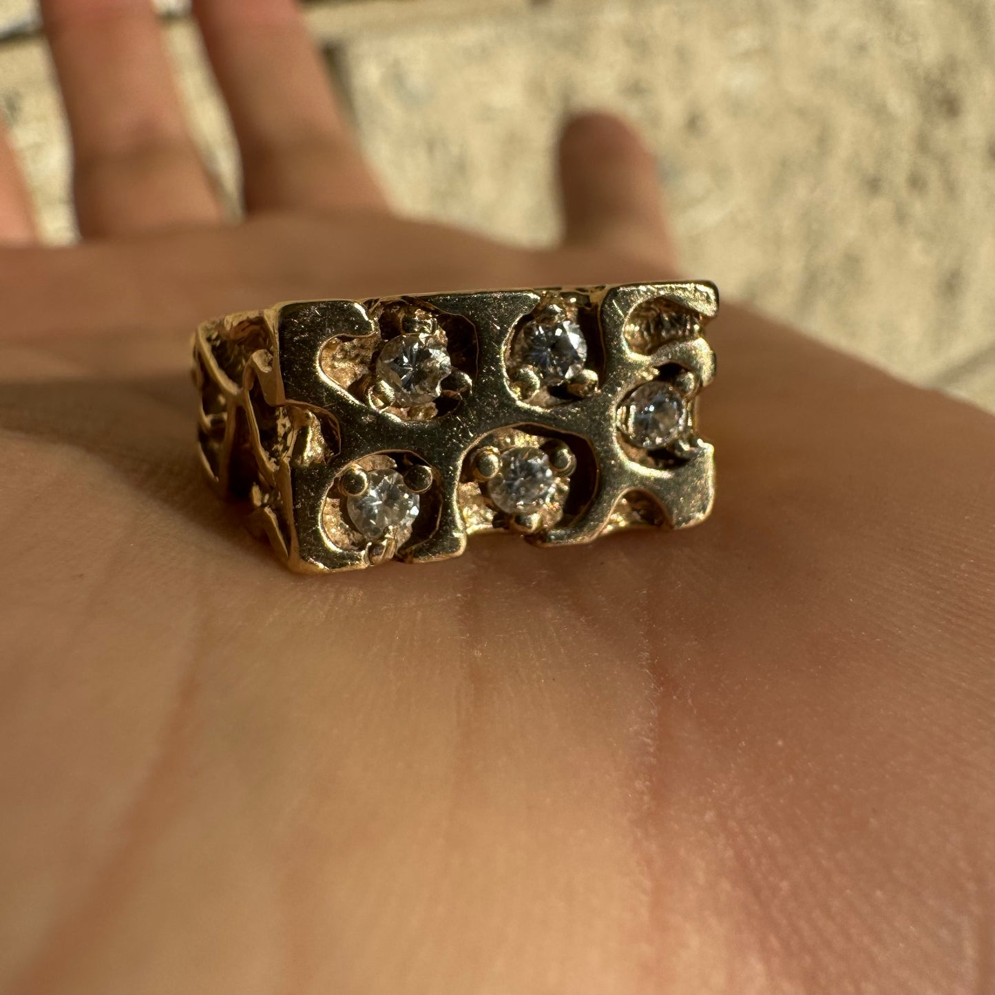 Vintage Solid 14k Natural Diamond Encrusted Honeycomb Nugget Ring (9)