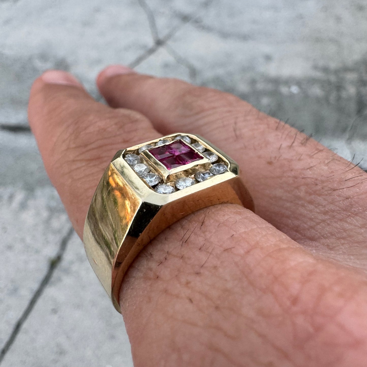 Vintage Custom Made 14k Yellow Gold .60ctw Natural Diamond And .40ctw Ruby Signet Ring (10.75)