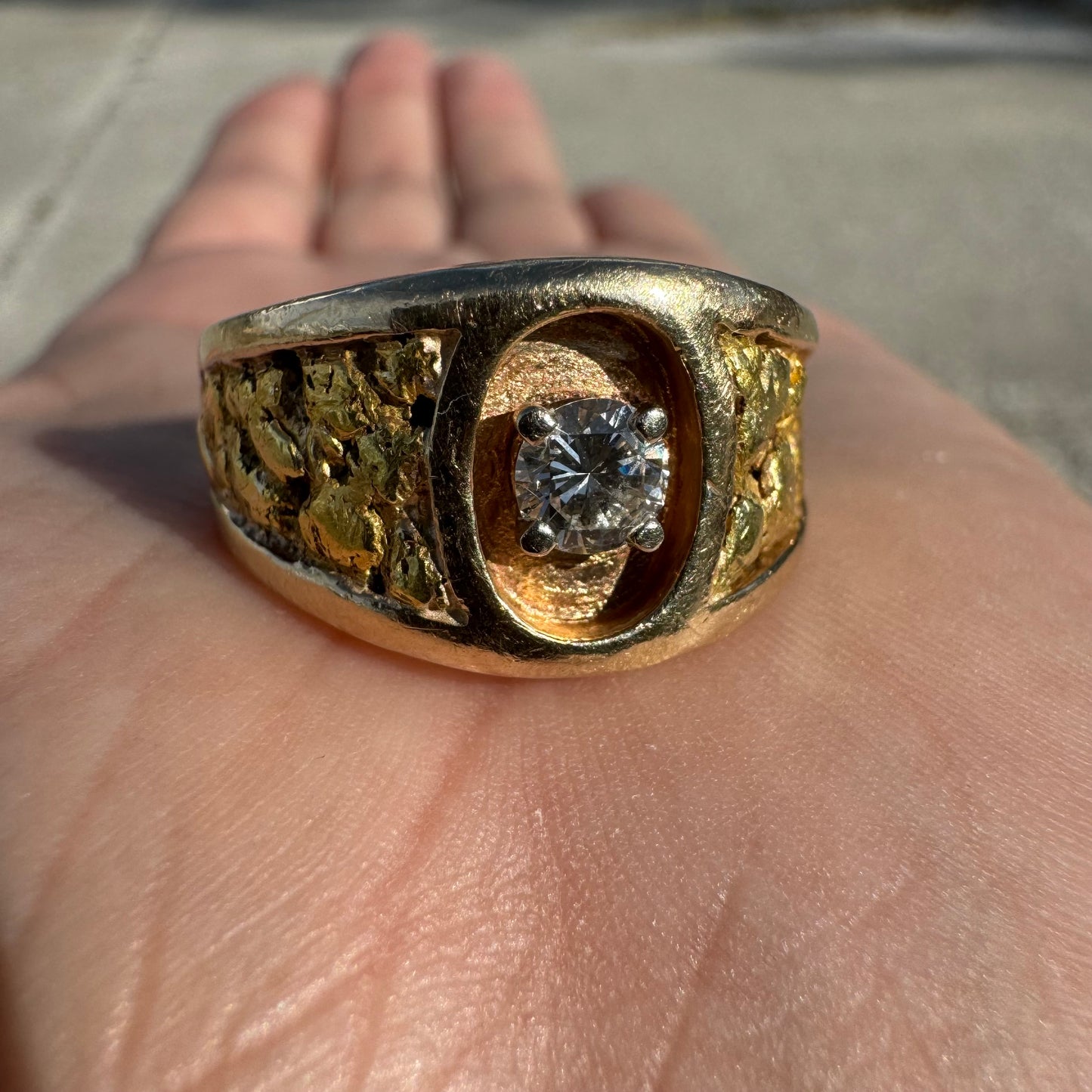 Vintage 14k Yellow Gold Raw 24k Nugget Inlaid .50Ct Natural Diamond Ring (11.5)