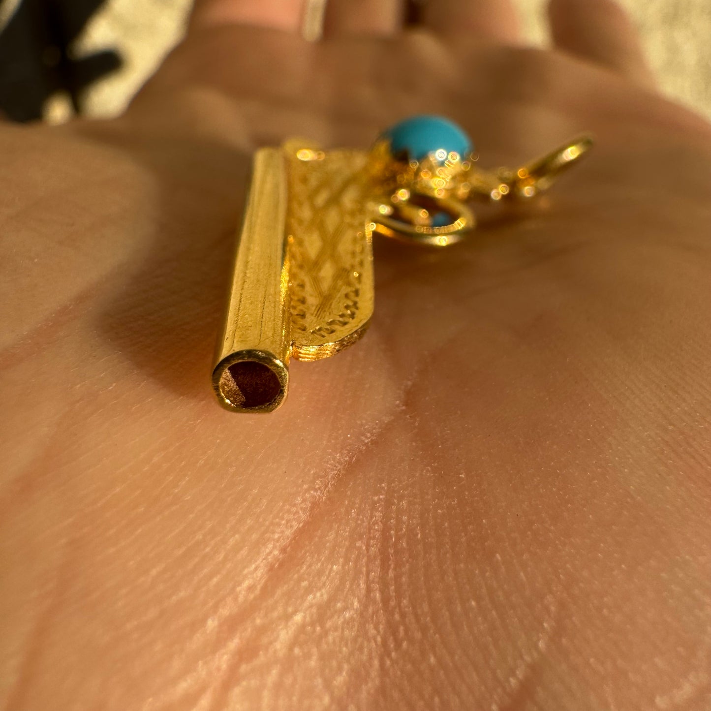 Mid-Century 18K Italian Yellow Gold Persian Turquoise Pistol Pendant