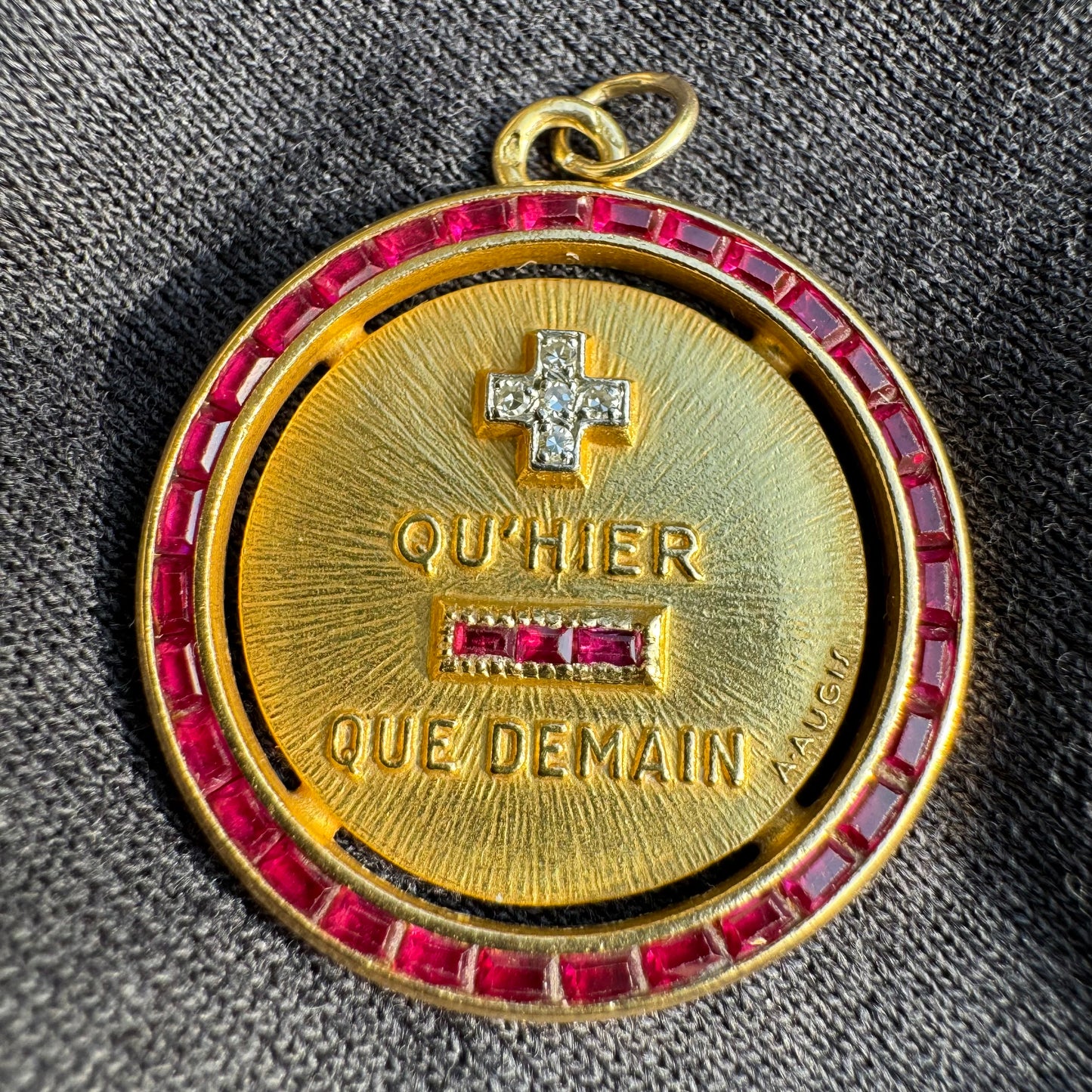 Mid-Century French 18k Yellow Gold Natural Diamond And Ruby A.Augis Love Poem Medallion (27MM)