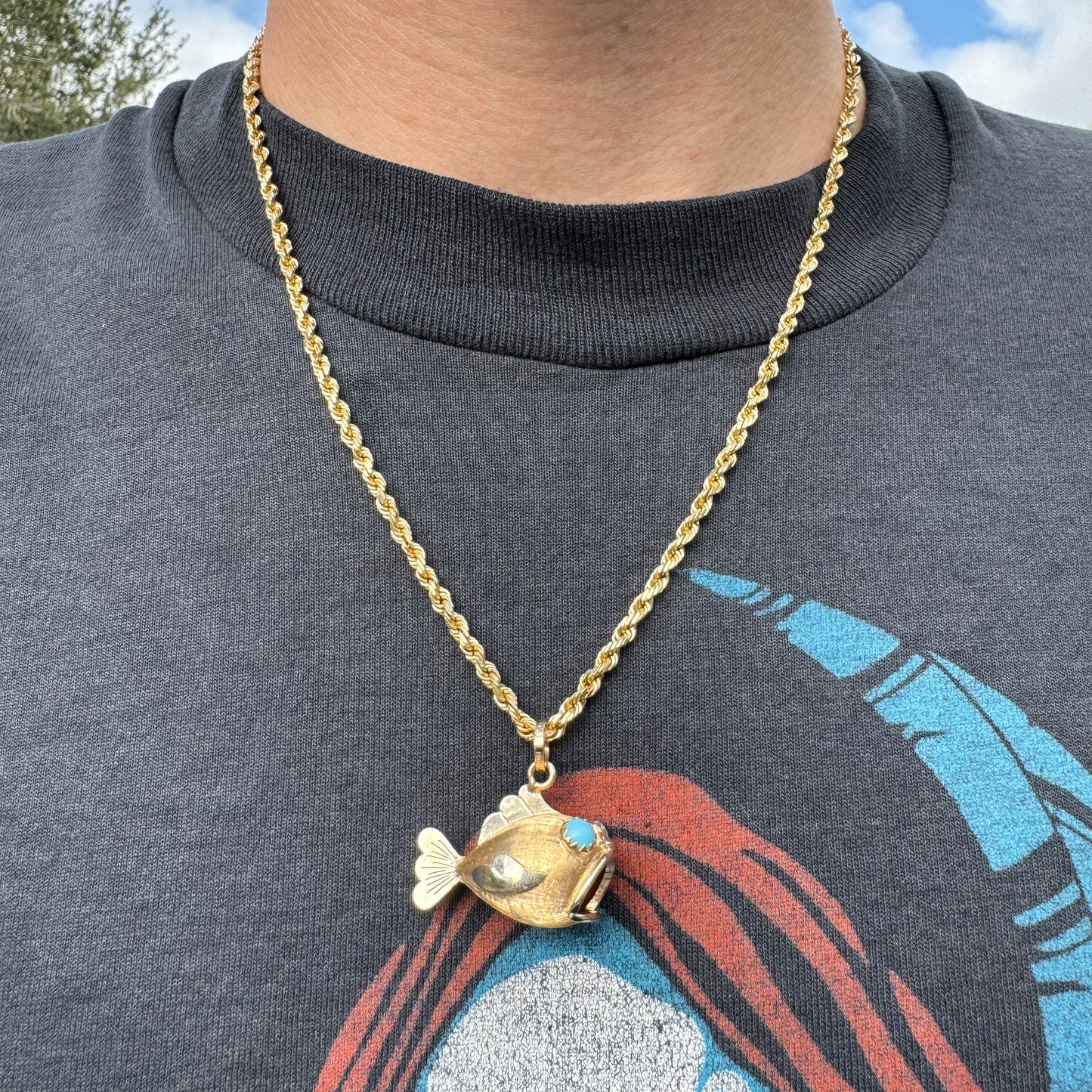 Pre-1975 Imported British Hallmarked 18k Yellow Gold Persian Turquoise Fish Pendant
