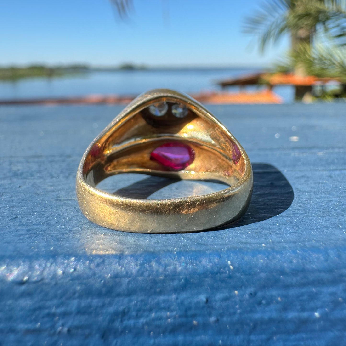 Vintage 14k Yellow Gold Tony Soprano Natural Diamond & Rhodolite Garnet Pinky Ring (7.5)