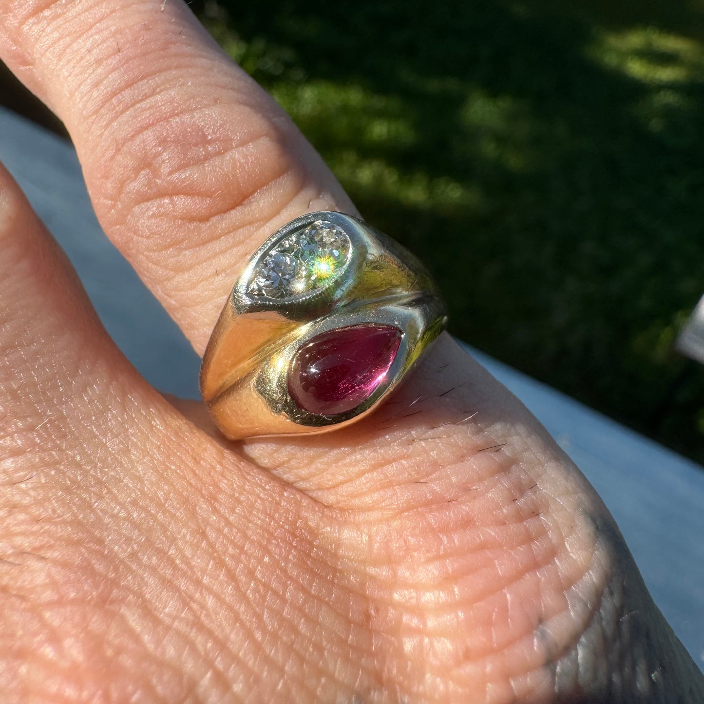 Vintage 14k Yellow Gold Tony Soprano Natural Diamond & Rhodolite Garnet Pinky Ring (7.5)