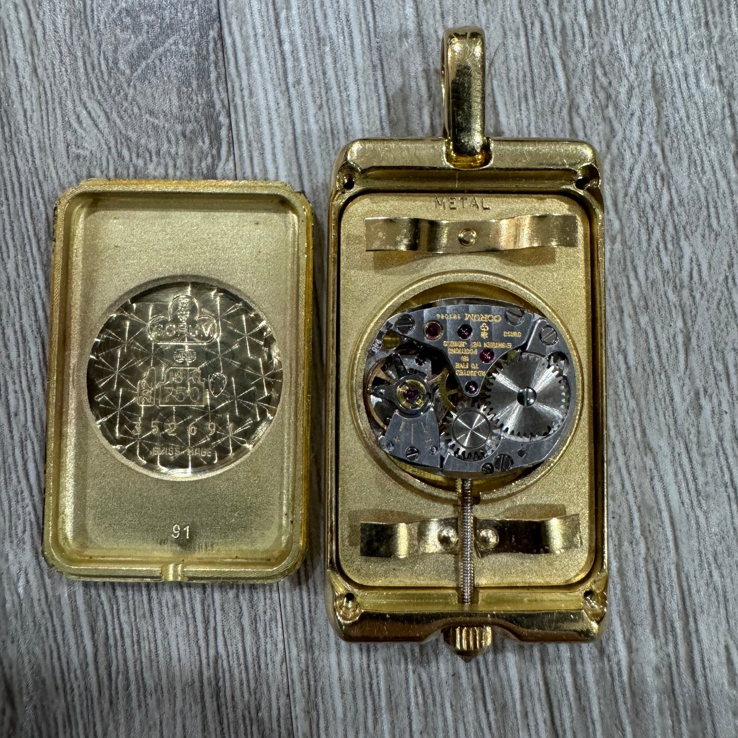 Rare 1980’s Corum UBS 10 Gram Pure 999.9 Gold Ingot Bar Diamond Watch Pendant