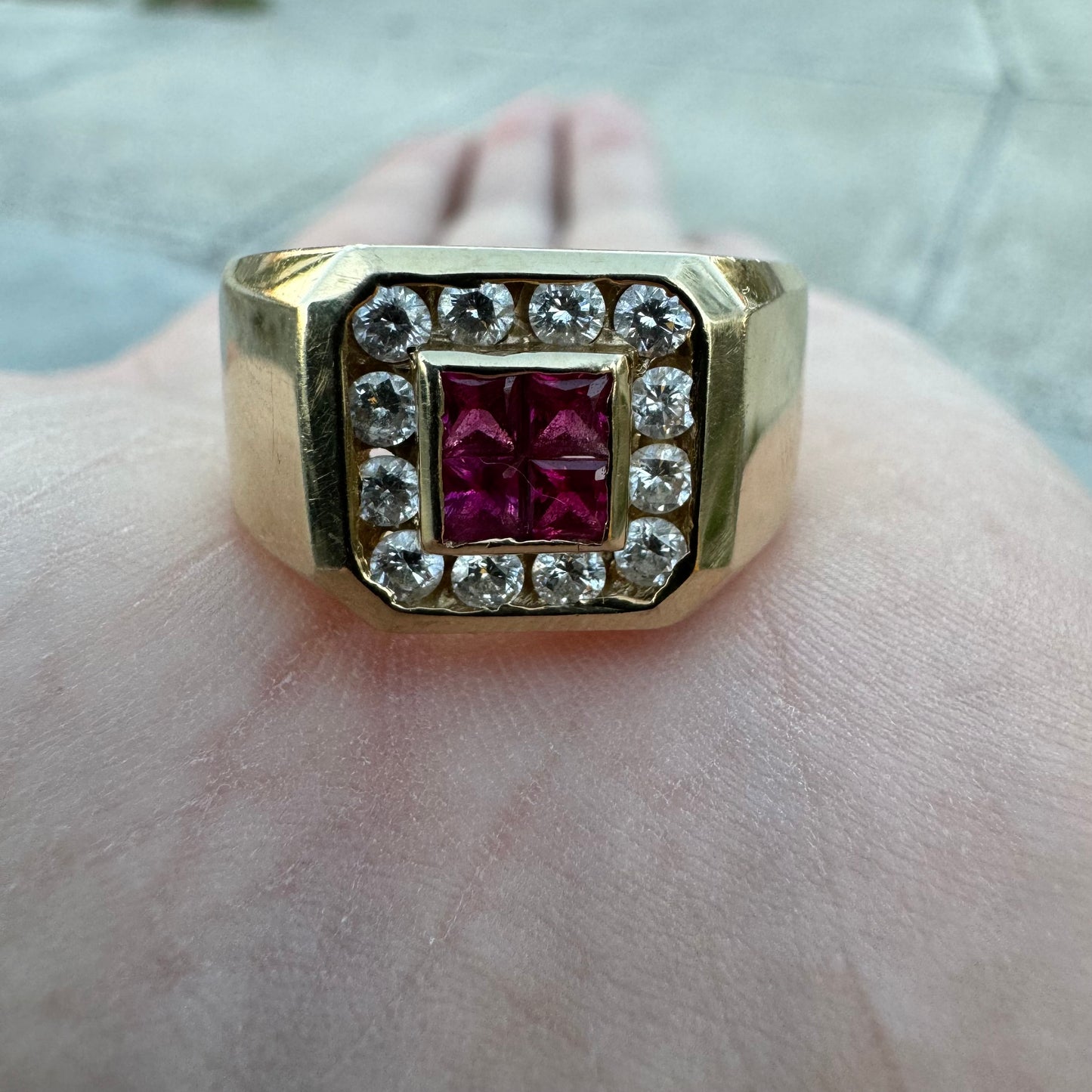 Vintage Custom Made 14k Yellow Gold .60ctw Natural Diamond And .40ctw Ruby Signet Ring (10.75)