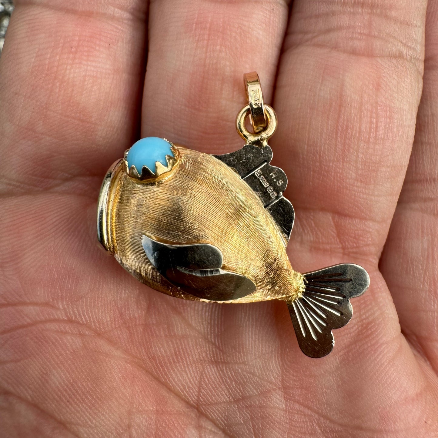 Pre-1975 Imported British Hallmarked 18k Yellow Gold Persian Turquoise Fish Pendant