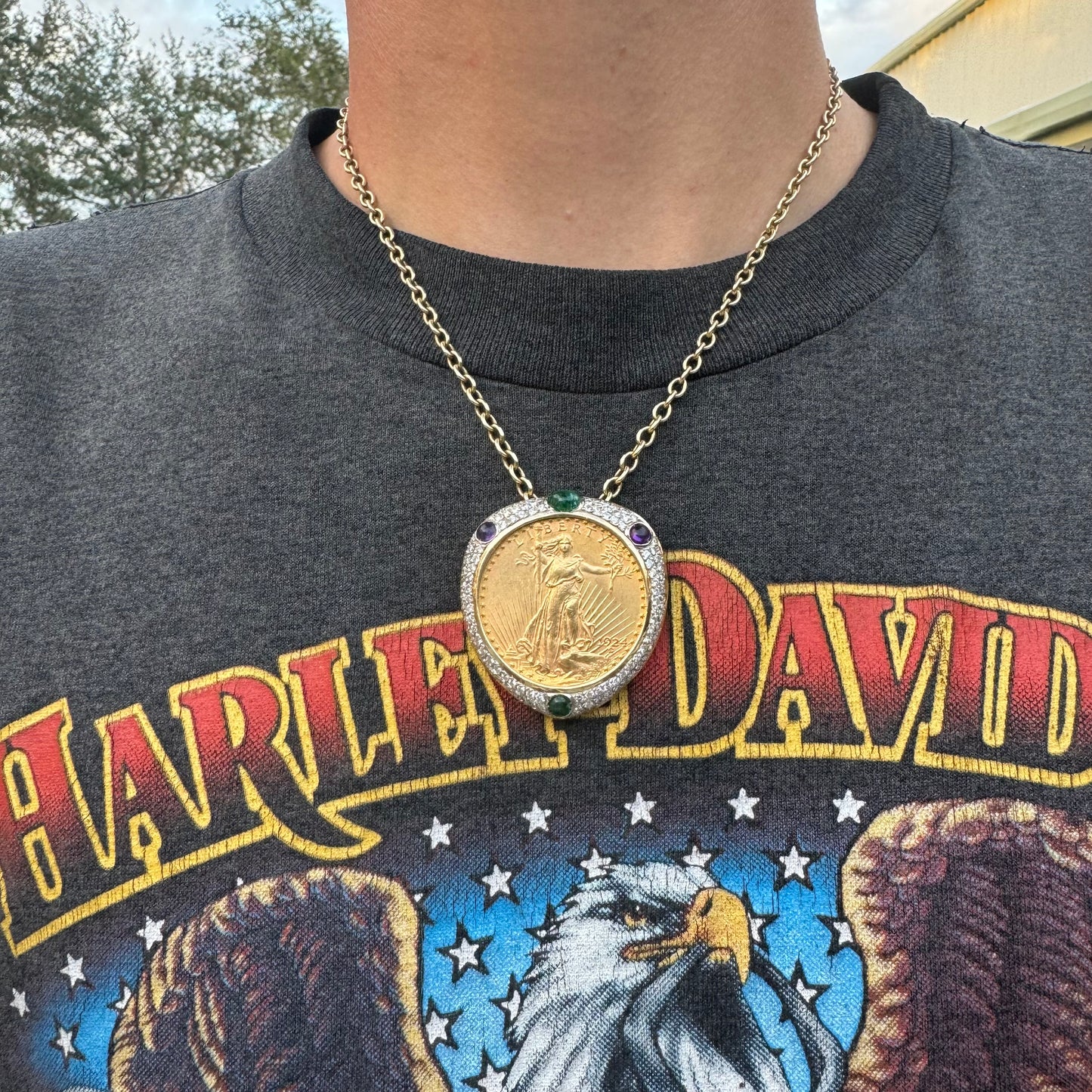 1924 St. Gaudens $20 Double Eagle 1oz Gold Coin Natural Diamond, Emerald, And Amethyst Encrusted Pendant
