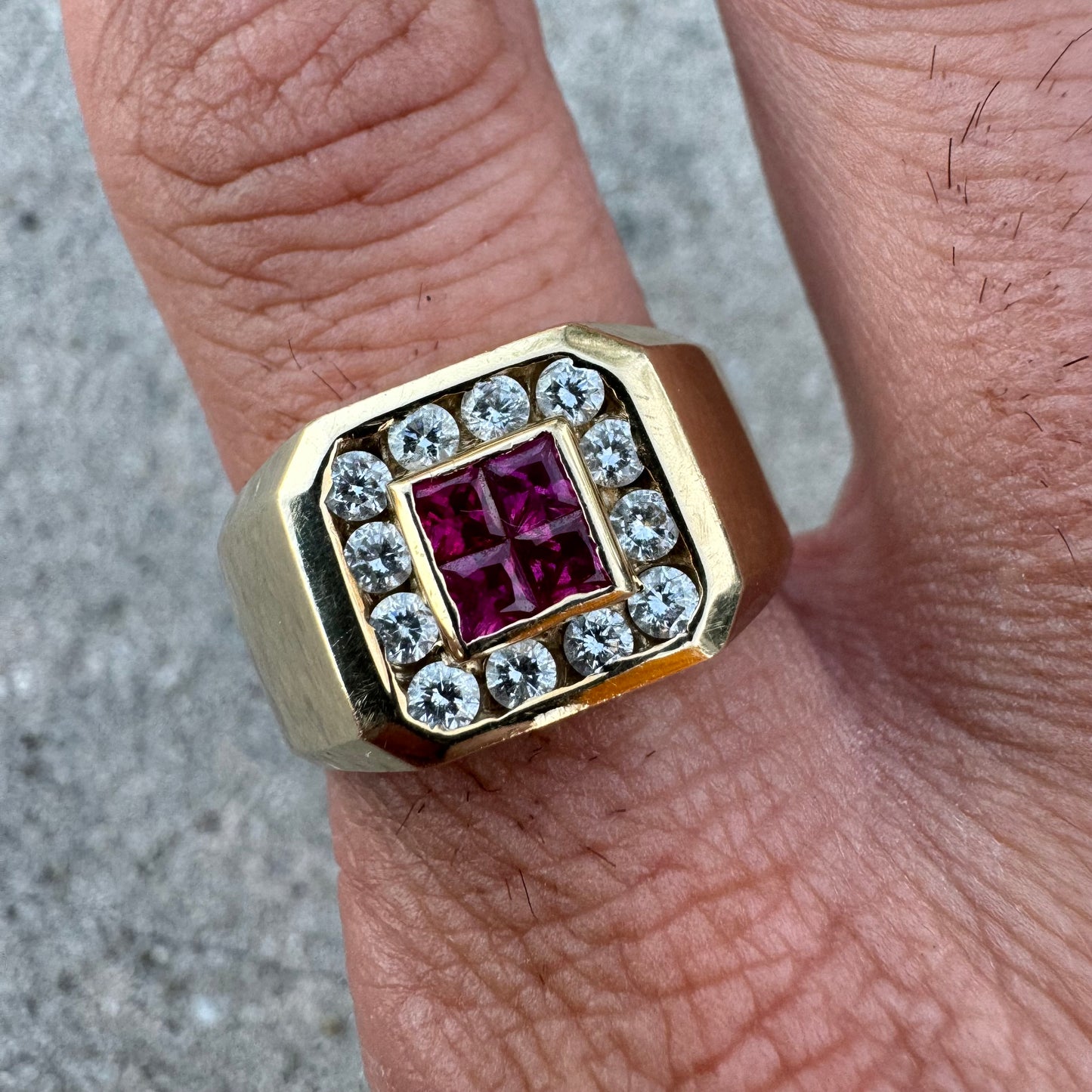 Vintage Custom Made 14k Yellow Gold .60ctw Natural Diamond And .40ctw Ruby Signet Ring (10.75)