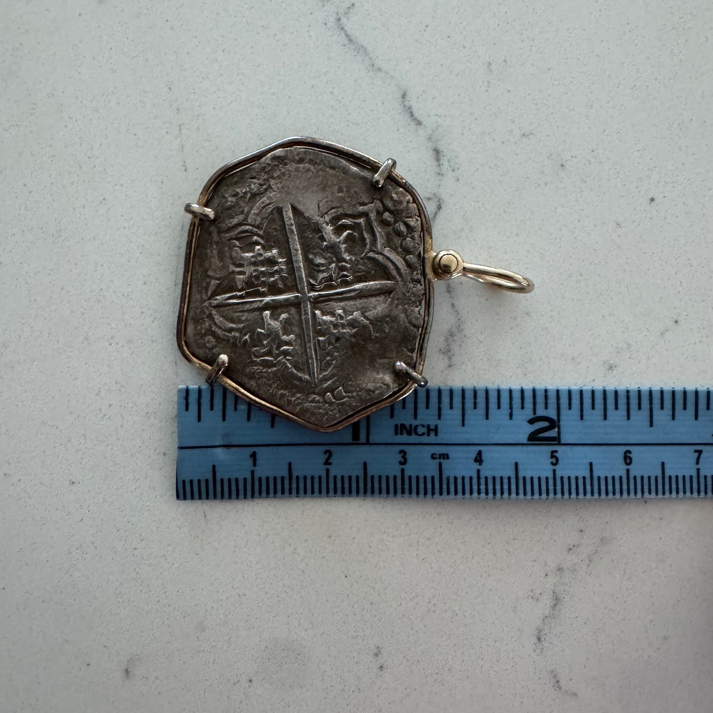 1600’s Philip III Silver 8 Reales Shipwreck Coin 14k Yellow Gold Pendant