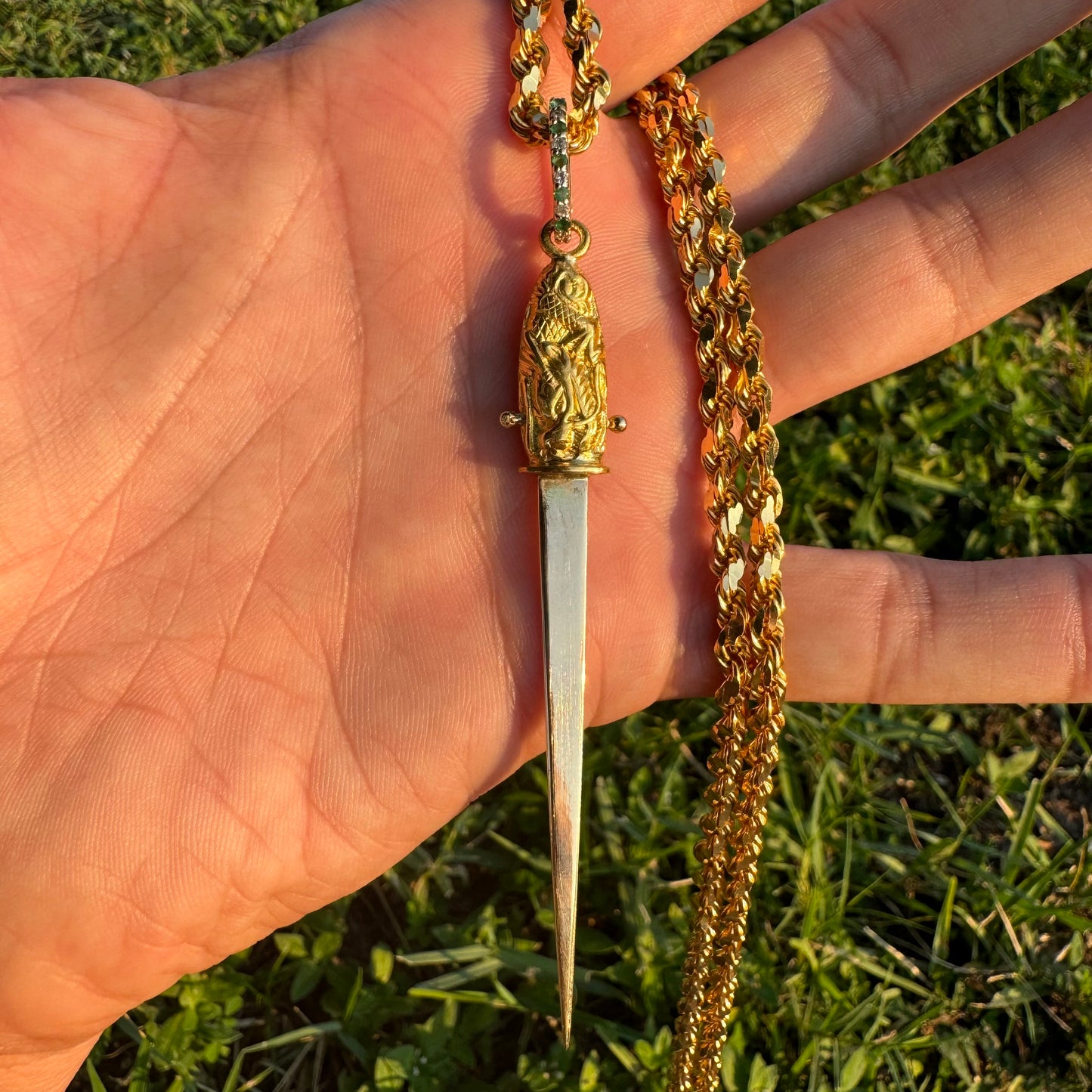 Vintage Pure 24k Solid Gold Asiatic Dragon Knife And Sheath Pendant
