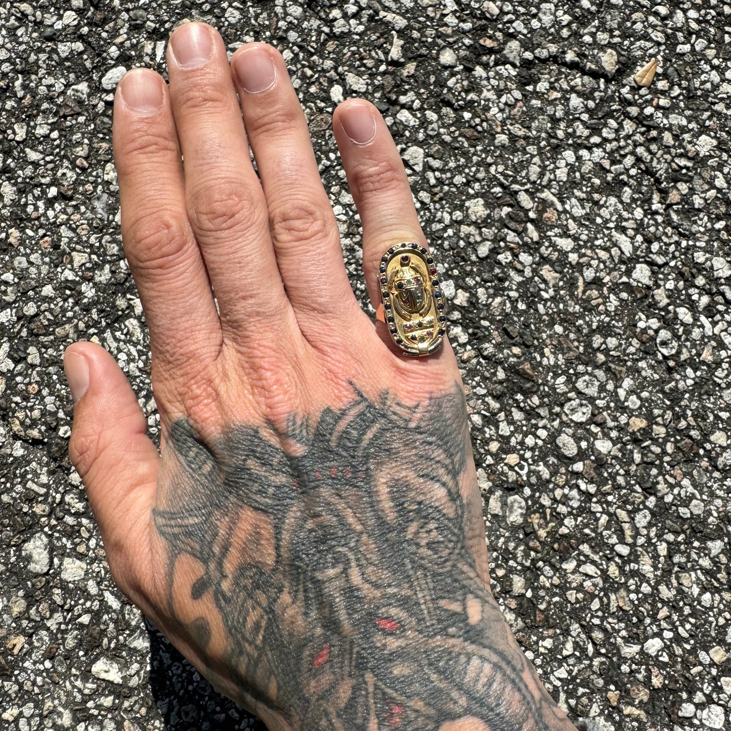 1960’s 18k Yellow Gold Egyptian Hallmarked Gemstone Encrusted Scarab Ring (5.75)