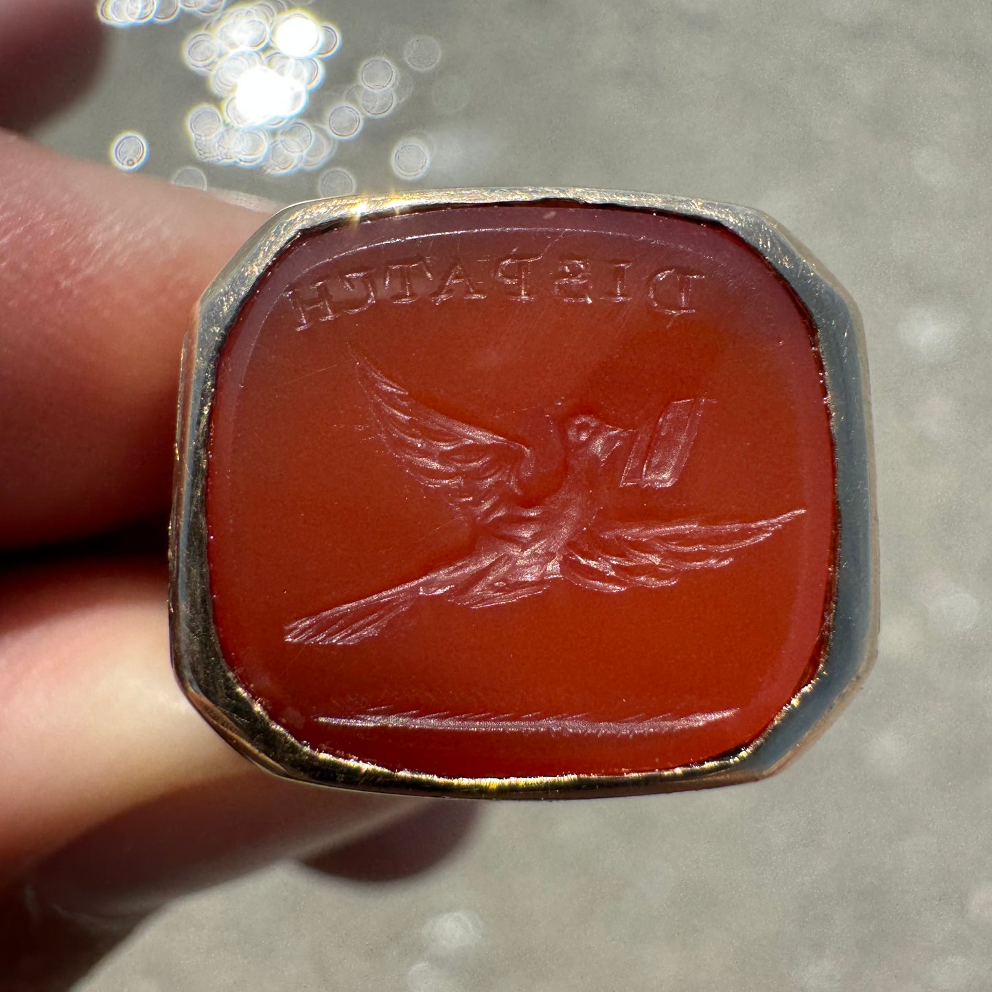 1800’s Victorian 14k Yellow Gold Carnelian Intaglio “Dispatch” Pigeon Post Signet Ring (7-7.5)