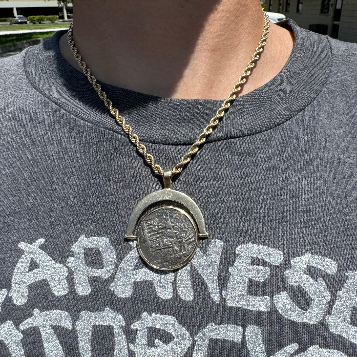 1681 Santa Maria De La Consolación Sea Salvaged Silver 8 Reale Shipwreck Coin Spinning Solid 14k Yellow Gold Pendant