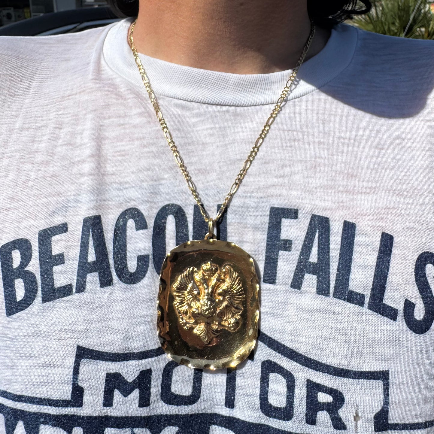 Vintage Designer Handmade Solid 18k Yellow Gold Large Russian Coat of Arms Imperial Double Eagle REPOUSSÉ Pendant