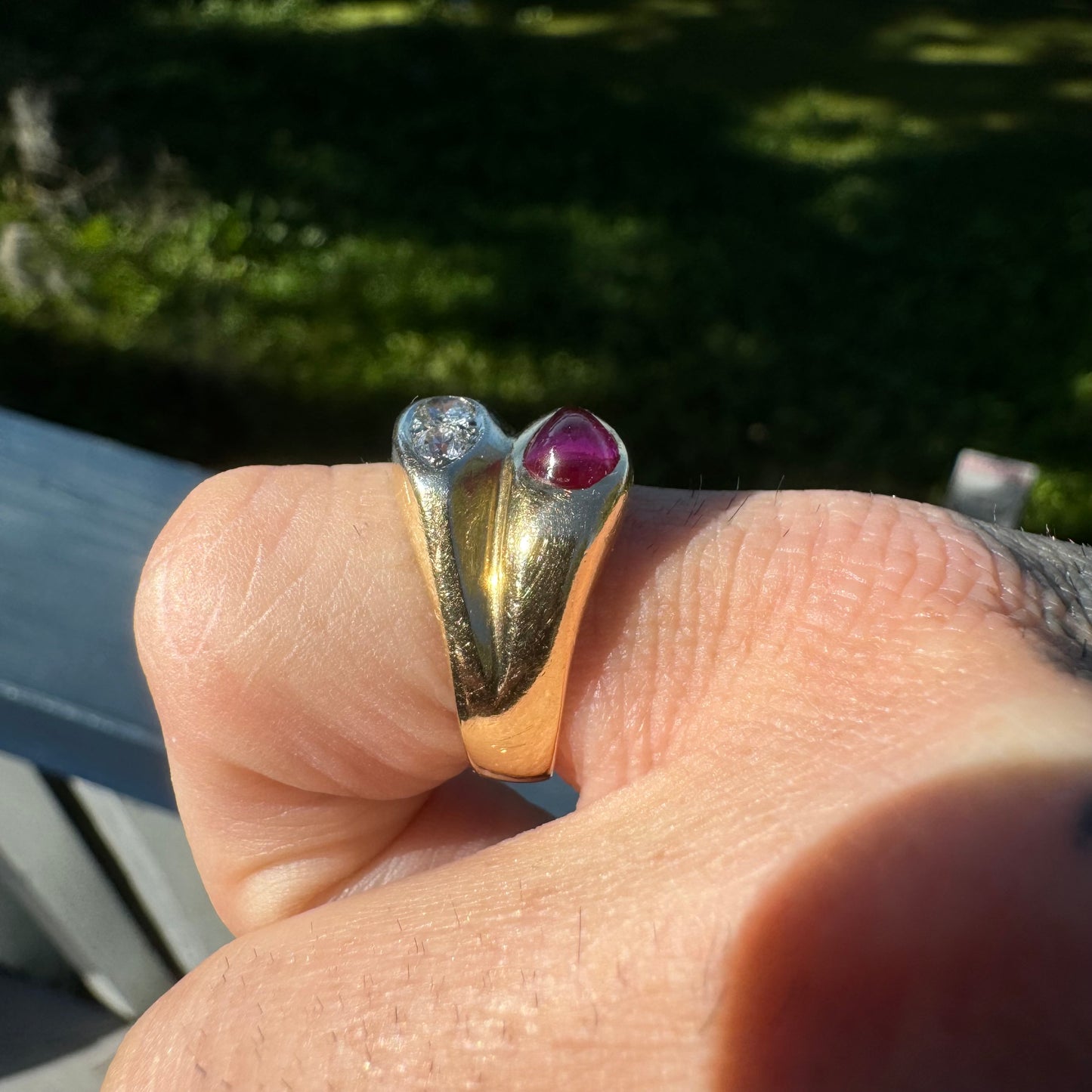 Vintage 14k Yellow Gold Tony Soprano Natural Diamond & Rhodolite Garnet Pinky Ring (7.5)