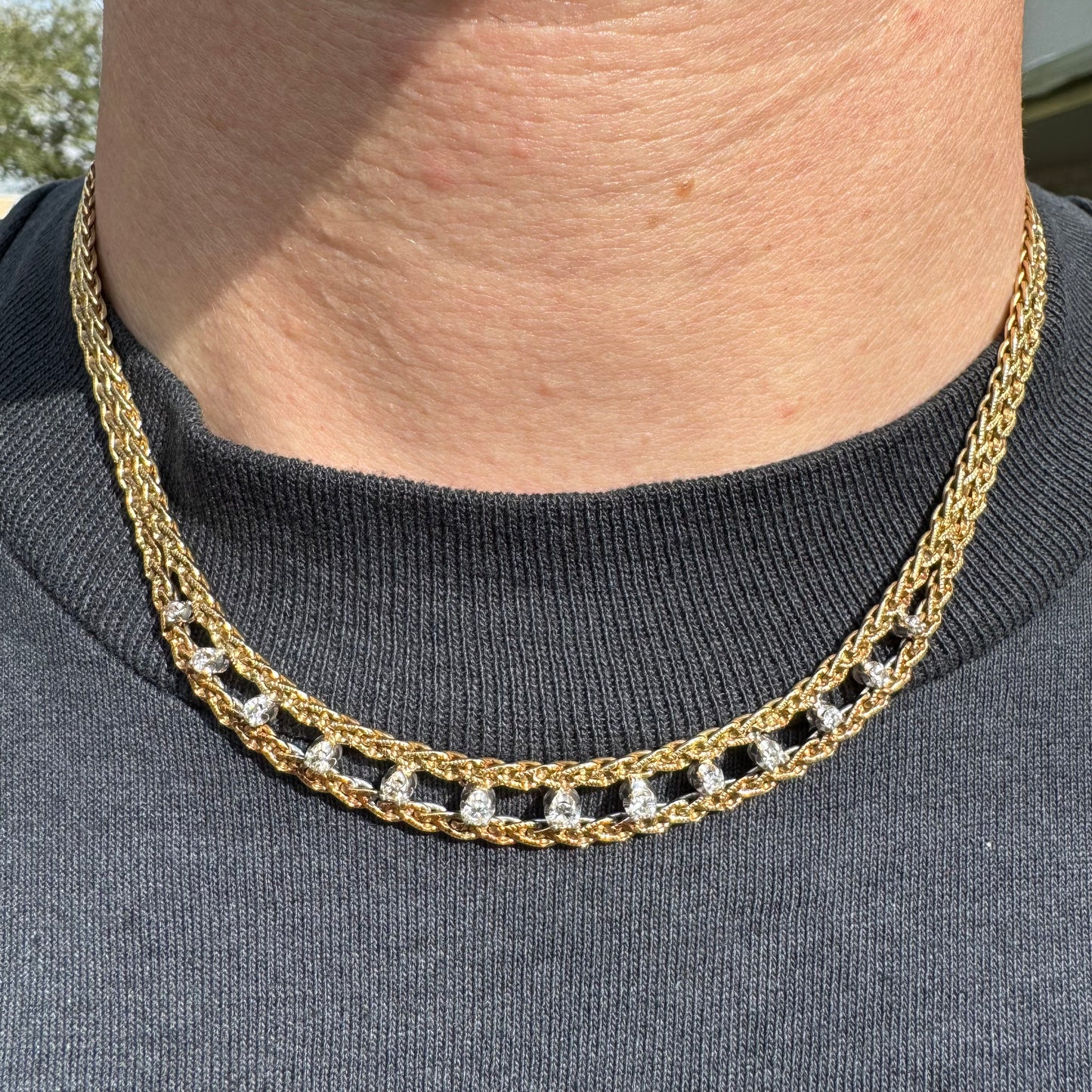 Vintage Solid 14k Italian Yellow Gold Floating 1.1CTW VS Quality Natural Diamond Double Row Braided Foxtail Necklace (17”)