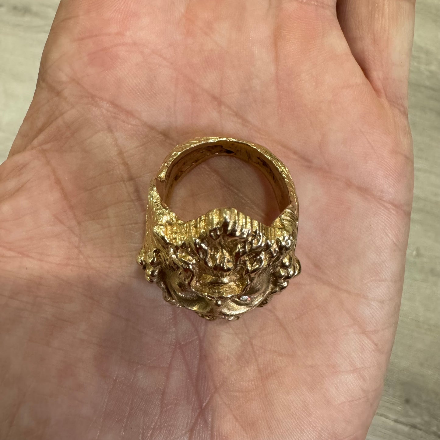 Vintage Custom Made Solid 14k Yellow Gold Natural VS Diamond Heavyweight Dionysus Greek God Ring (11)