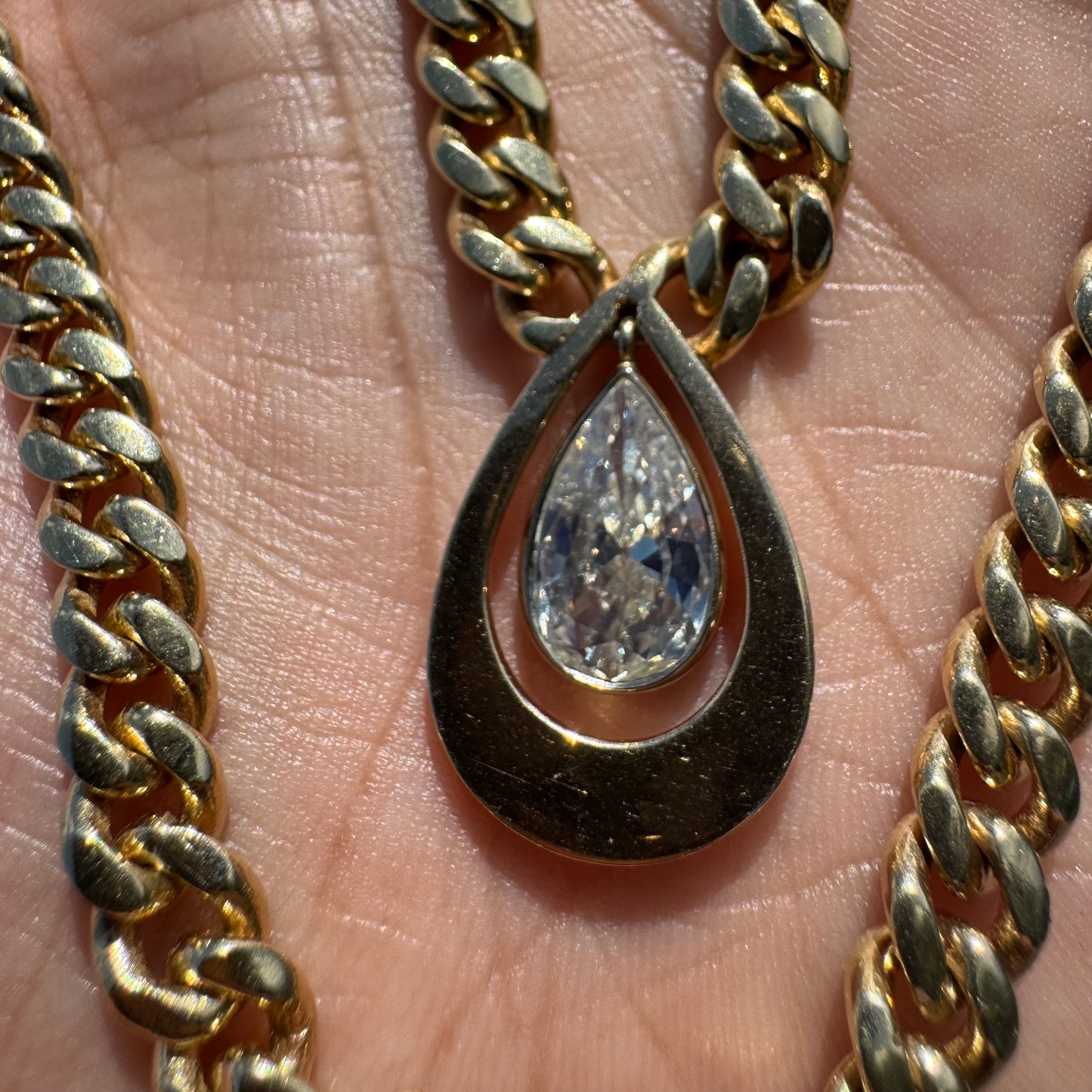 Vintage 1.78ct Natural Pear Cut Diamond Solitaire Solid 14k Yellow Gold Heavyweight Cuban Link Necklace (16”)