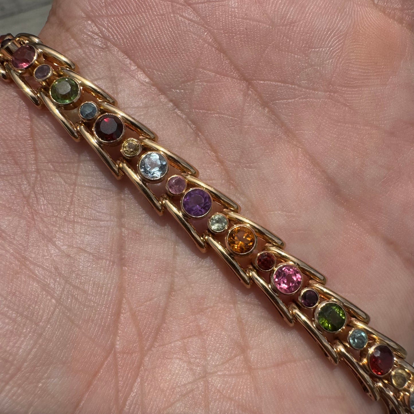 Vintage Solid 18k Gold 7.0ctw Bezel Set Natural Multi Precious Gemstone Bracelet (7.25”)