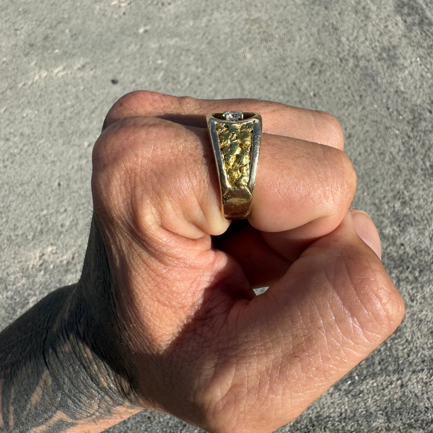 Vintage 14k Yellow Gold Raw 24k Nugget Inlaid .50Ct Natural Diamond Ring (11.5)