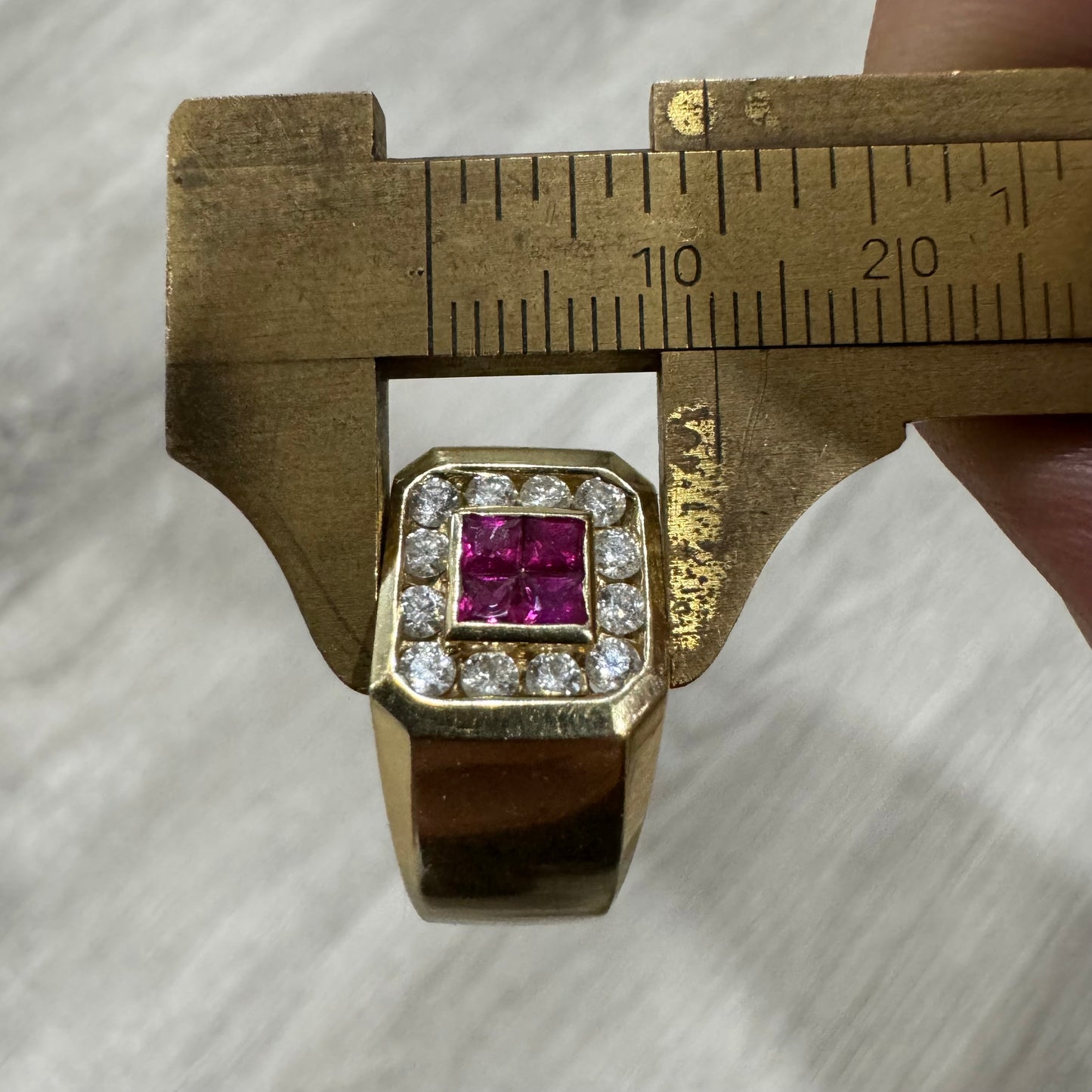 Vintage Custom Made 14k Yellow Gold .60ctw Natural Diamond And .40ctw Ruby Signet Ring (10.75)