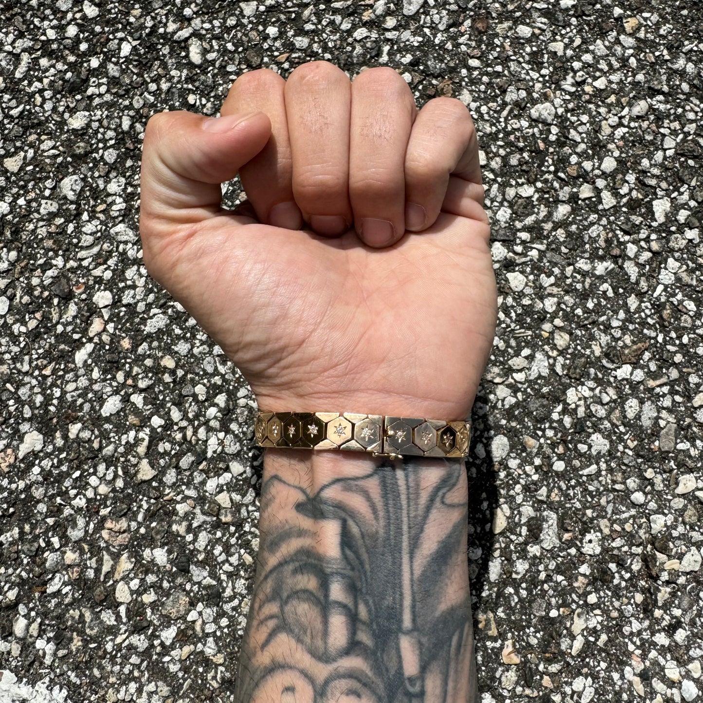 Retro 1940’s French 18k Rose Gold 1.0CTW Natural Diamond Starburst Tessellated Honeycomb Bracelet (7”)