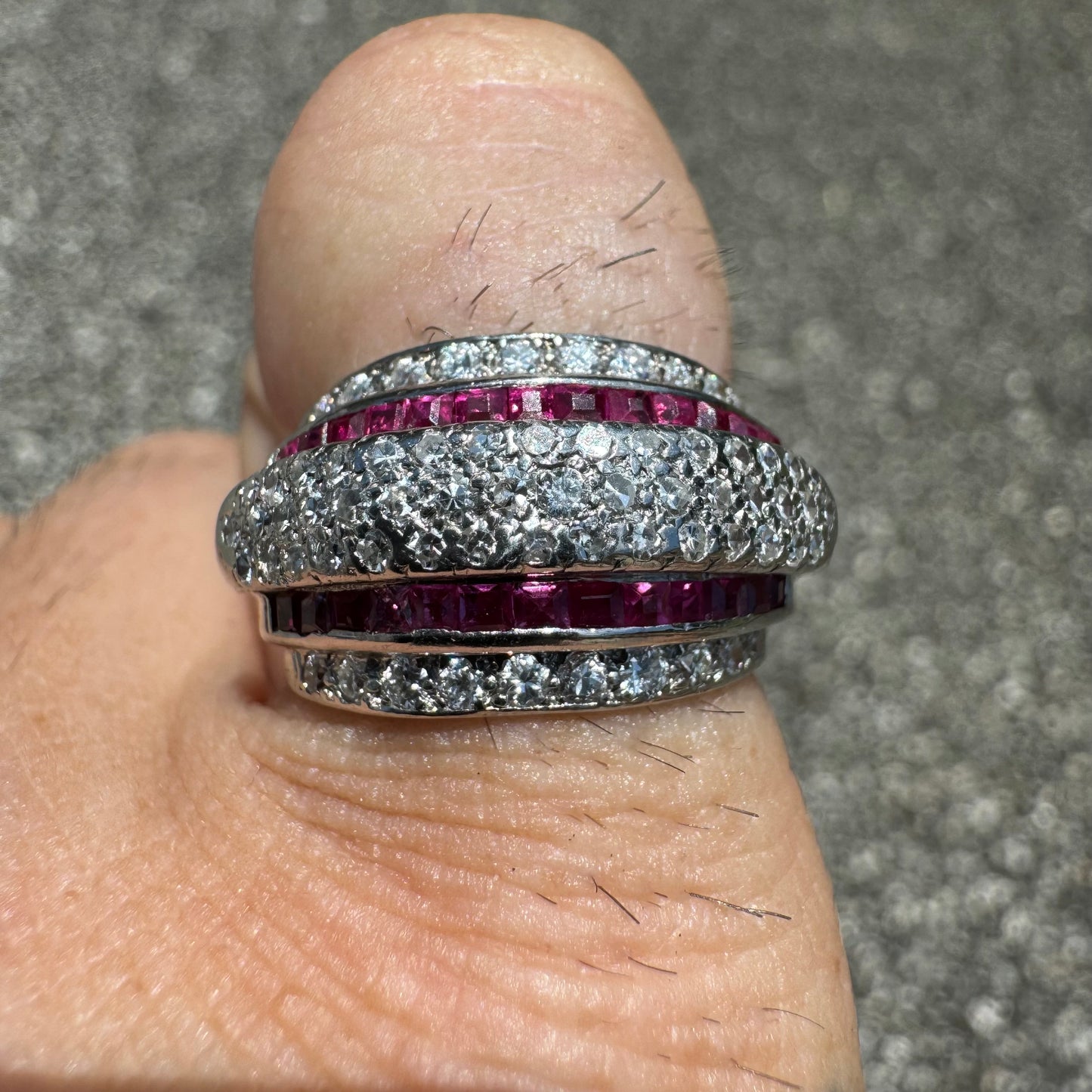 1940’s Retro Era Handcrafted 18k White Gold .73ctw Natural VS Quality Diamond And Princess Cut Ruby Flooded Step Up Ring (5.75)