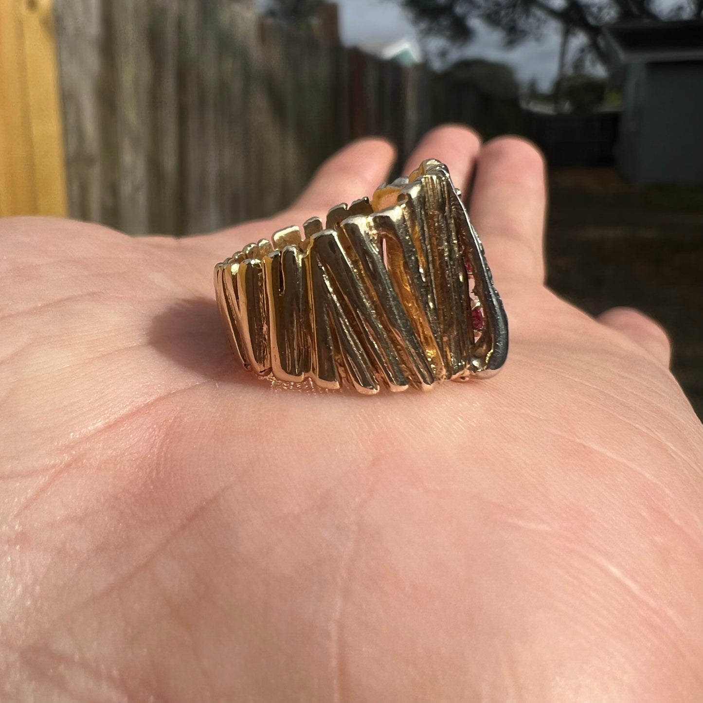 1960’s Custom Solid 14k Yellow Gold Natural Ruby And Diamond Encrusted Brutalist Ring (5)