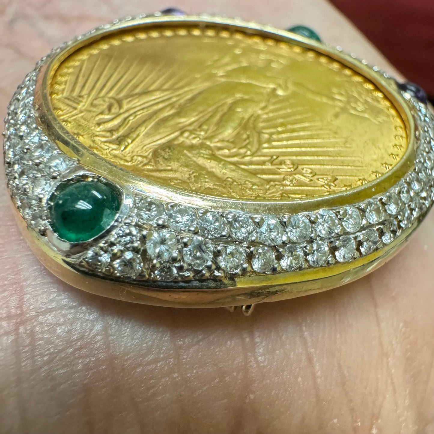 1924 St. Gaudens $20 Double Eagle 1oz Gold Coin Natural Diamond, Emerald, And Amethyst Encrusted Pendant