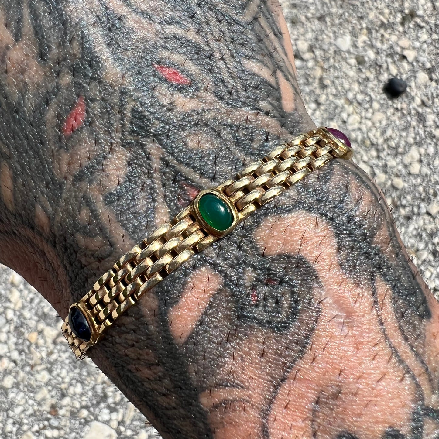 Vintage 14k Yellow Gold Multi-Stone Cabochon Panther Link Bracelet (7.25”)