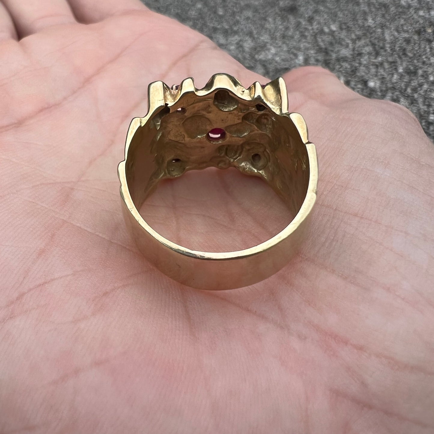 Vintage 14k Yellow Gold Natural Diamond And Ruby Heavyweight Custom Nugget Ring (12.5)