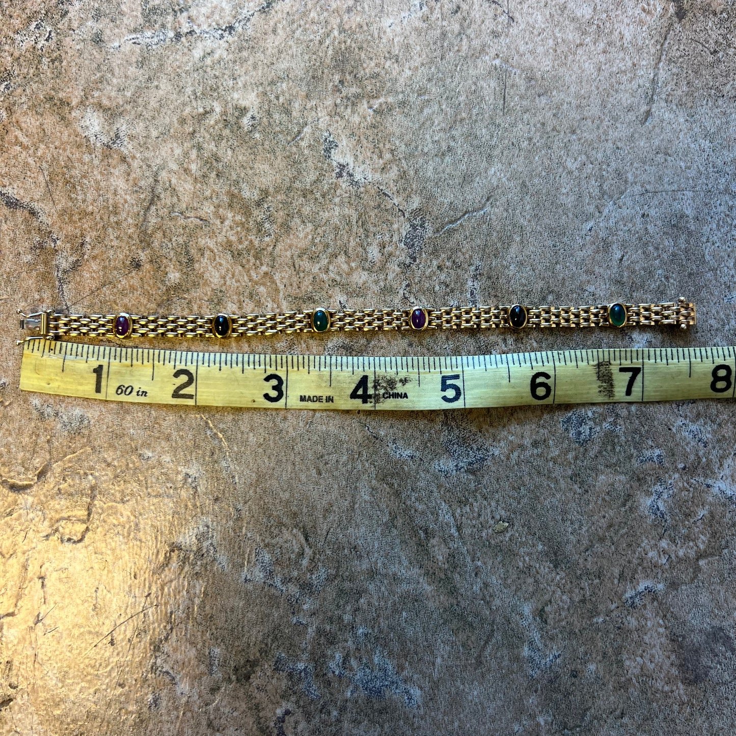 Vintage 14k Yellow Gold Multi-Stone Cabochon Panther Link Bracelet (7.25”)