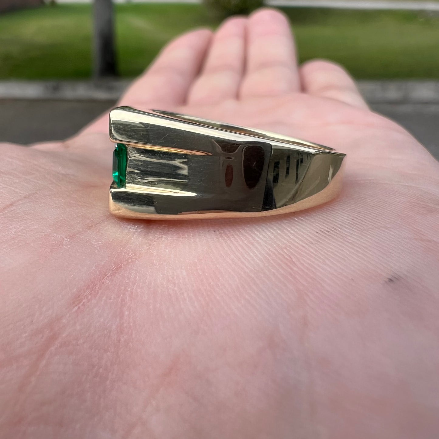 Vintage Solid 14k Yellow Gold Black Onyx Emerald And Diamond Modernist Ring (10.5)
