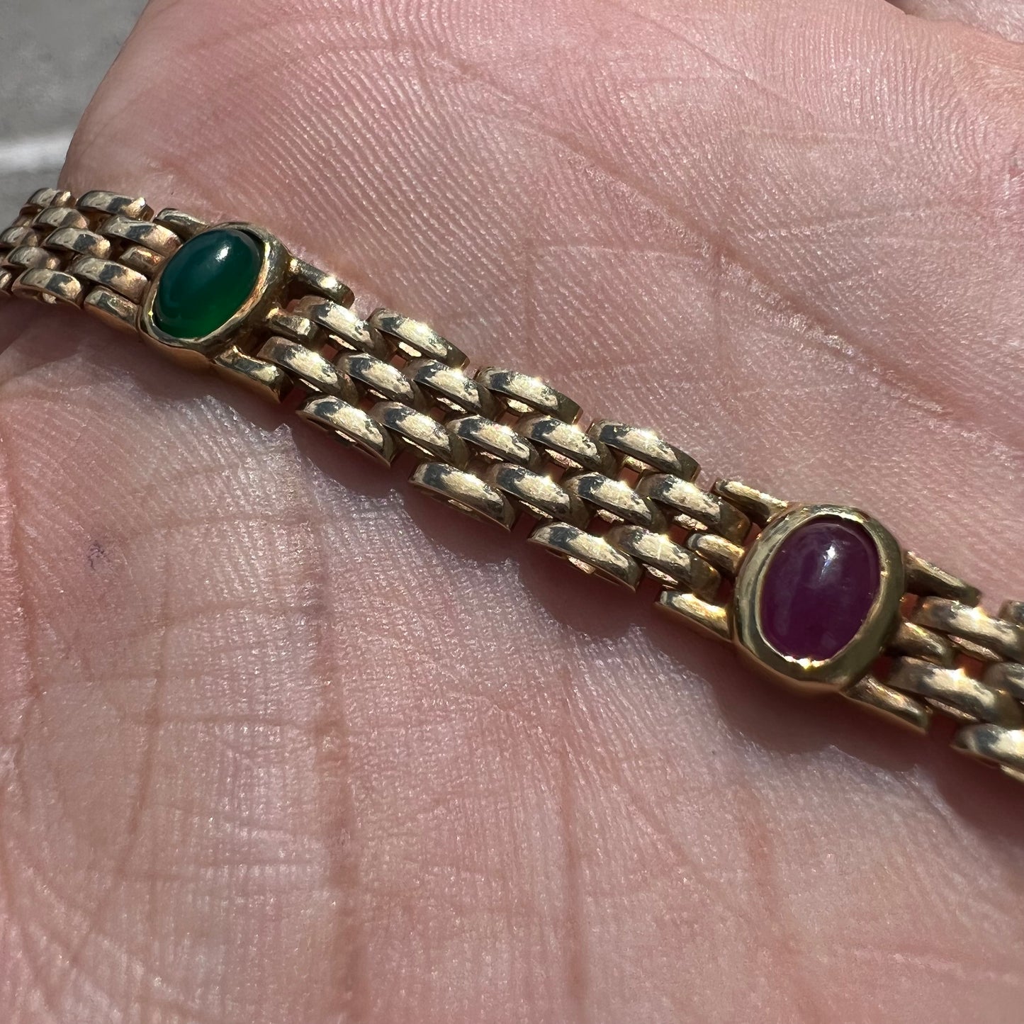 Vintage 14k Yellow Gold Multi-Stone Cabochon Panther Link Bracelet (7.25”)
