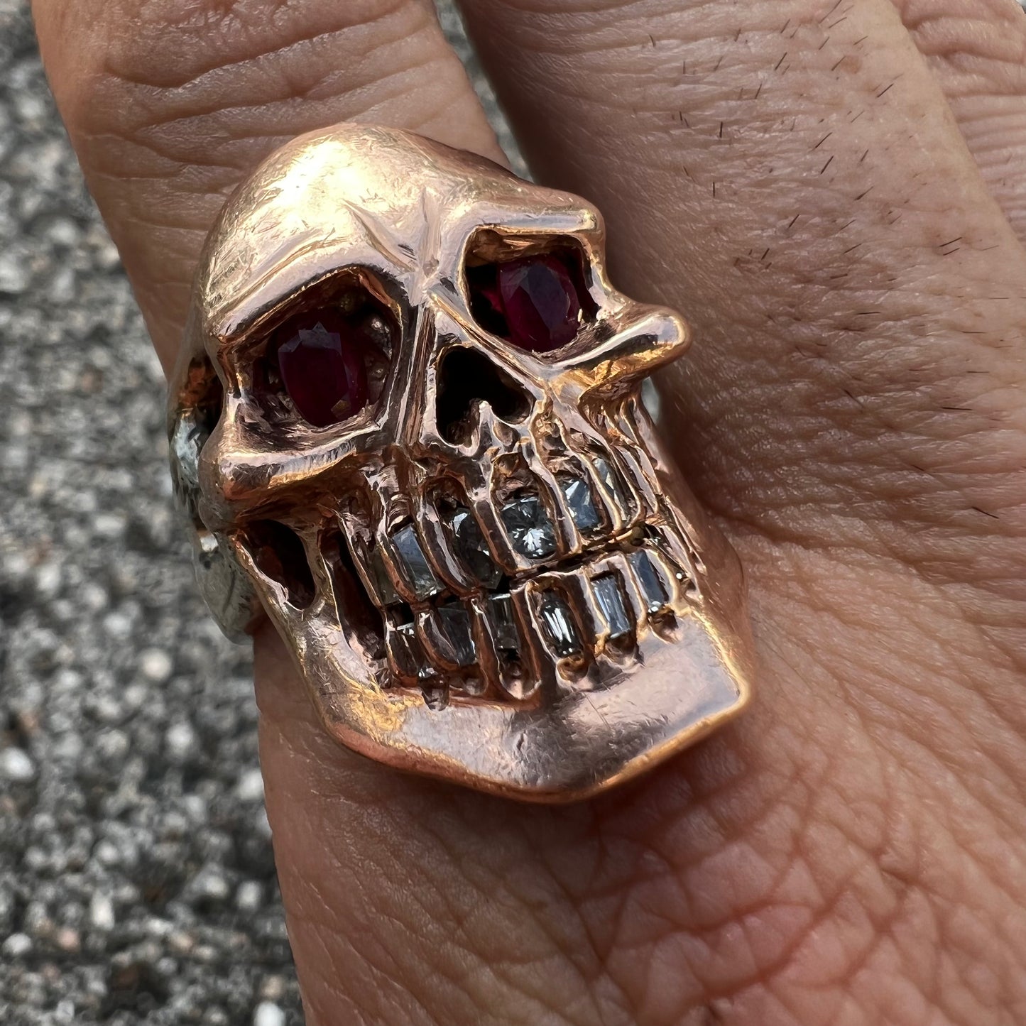 Vintage Custom 14k Rose Gold And Sterling Natural Diamond And Ruby Encrusted Skull Ring (10)