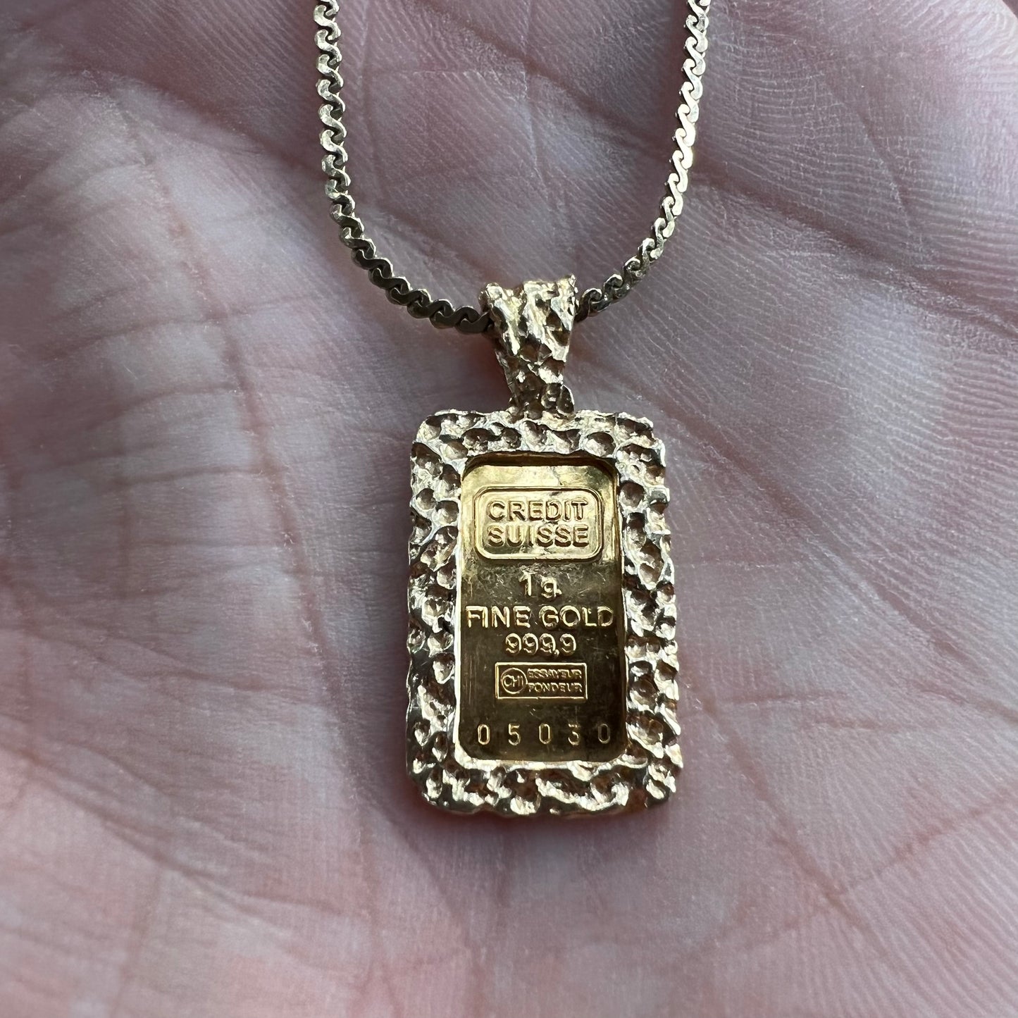 1980’s Pure .999 24k Gold (1g) Credit Suisse Bar Nugget Pendant