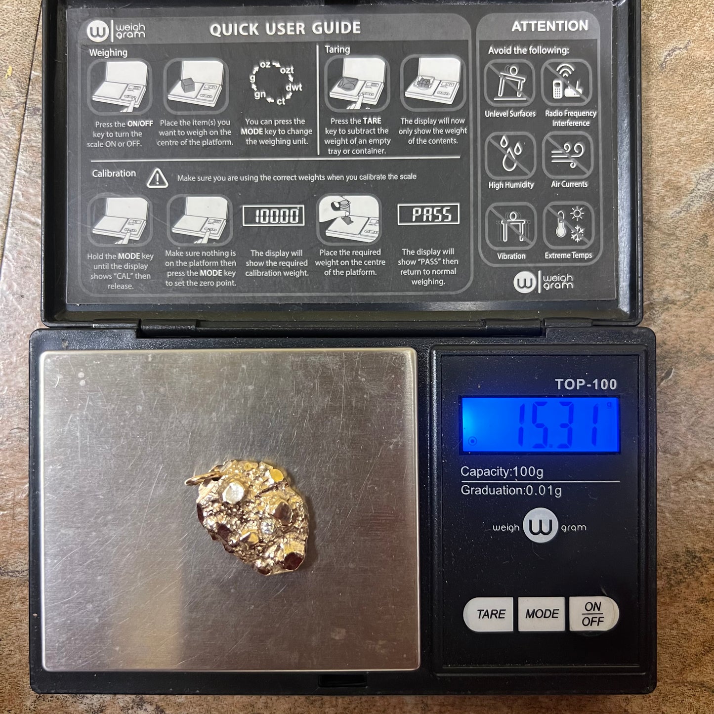 Solid 18k Yellow Gold Natural Diamond Encrusted Nugget Pendant