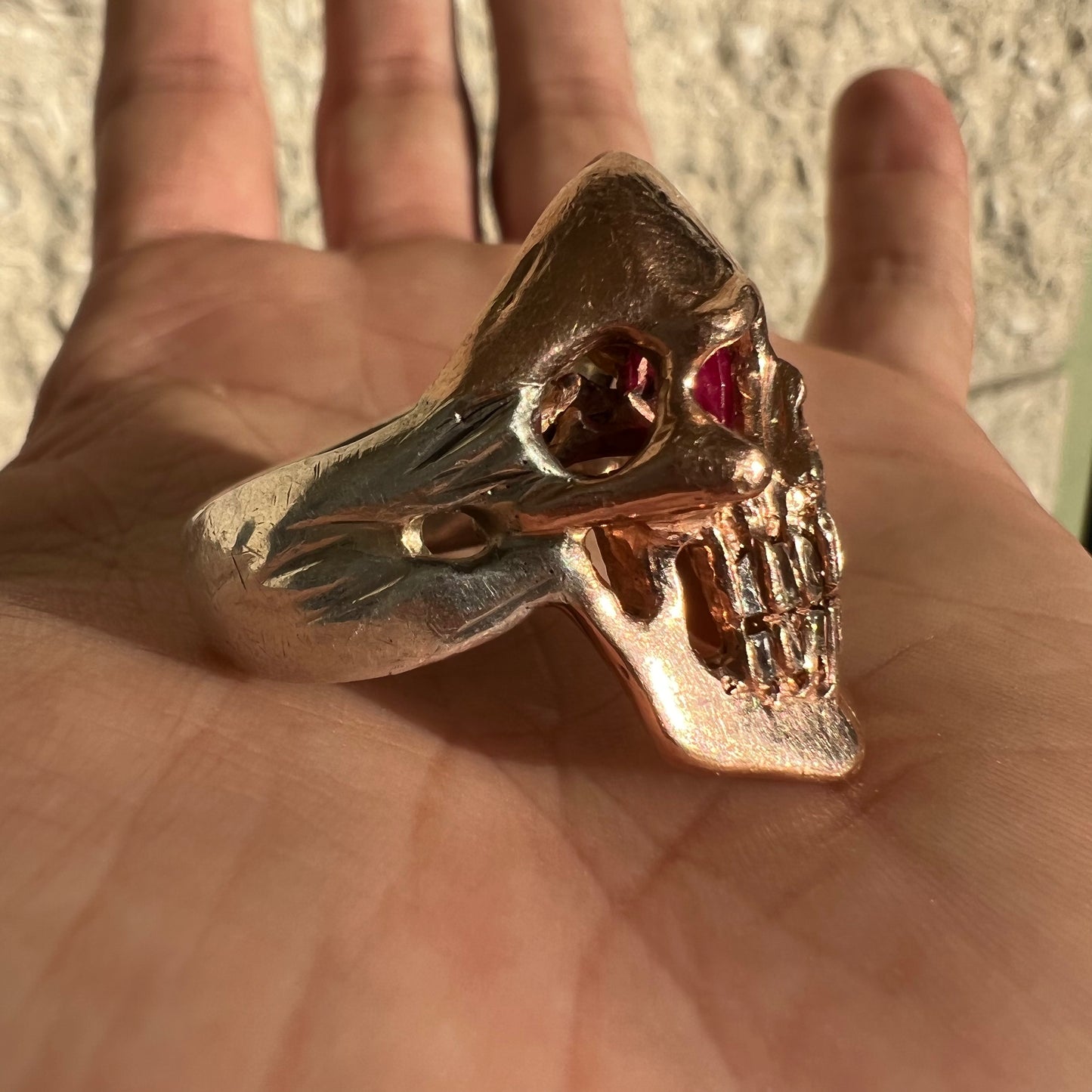 Vintage Custom 14k Rose Gold And Sterling Natural Diamond And Ruby Encrusted Skull Ring (10)