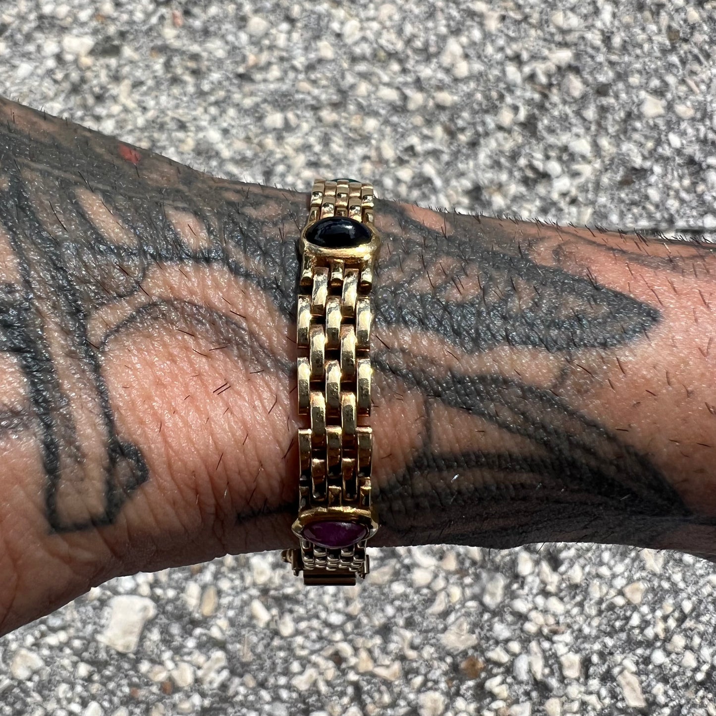 Vintage 14k Yellow Gold Multi-Stone Cabochon Panther Link Bracelet (7.25”)