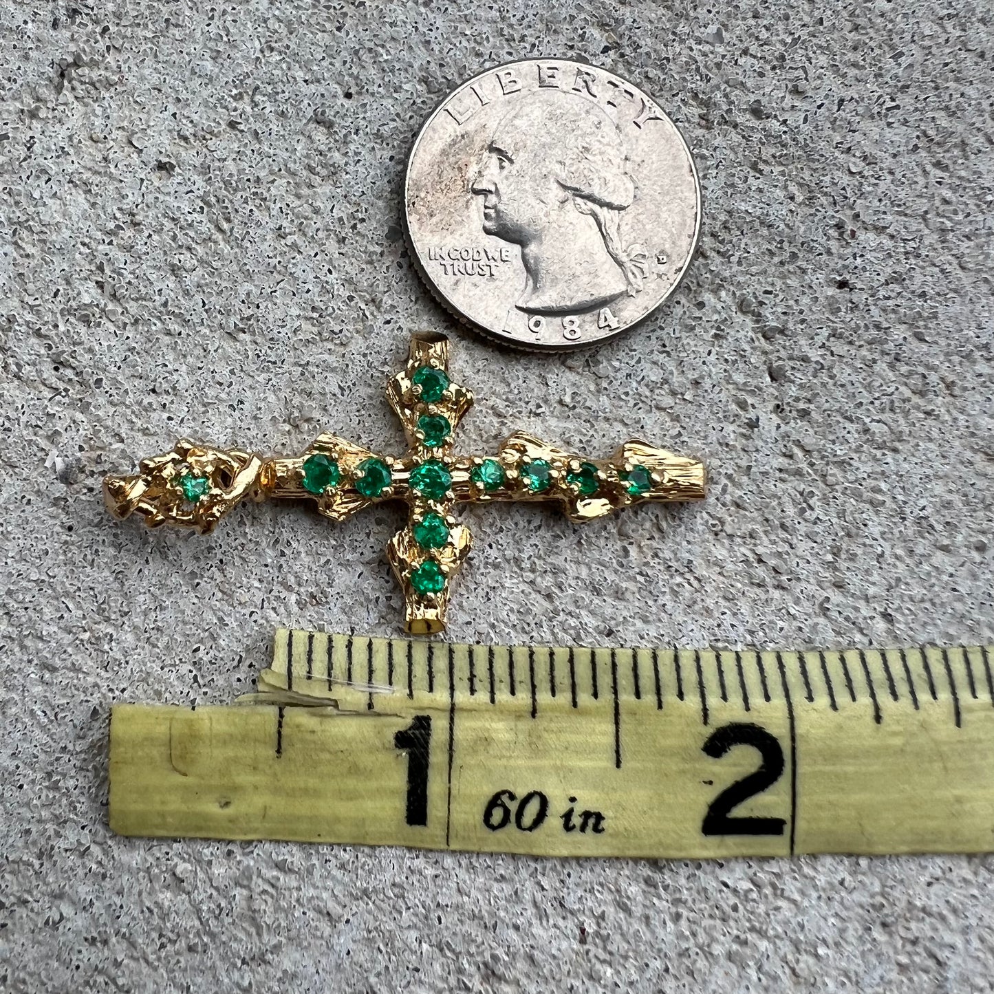 Vintage Custom Made Solid 18k Yellow Gold Colombian Emerald Encrusted Brutalist Cross Pendant