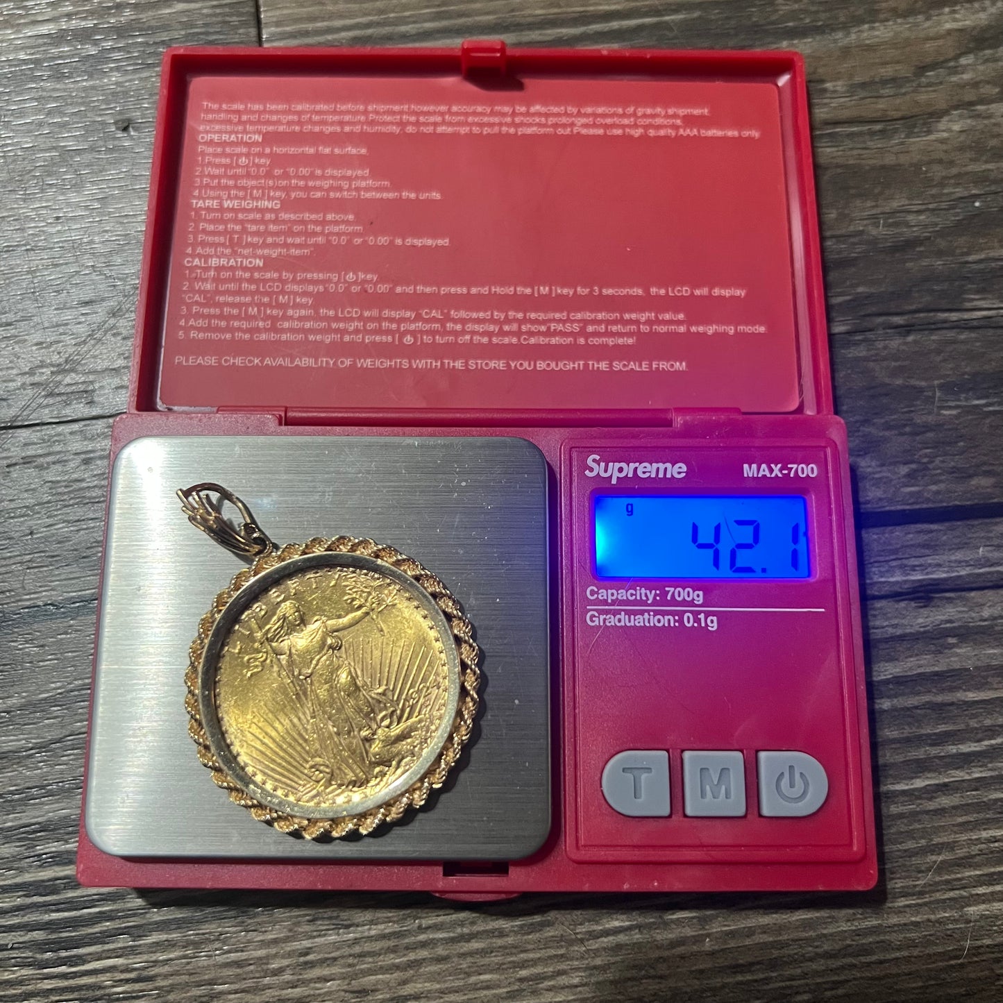 1924 St. Gaudens $20 Double Eagle 1 oz Gold Coin Pendant
