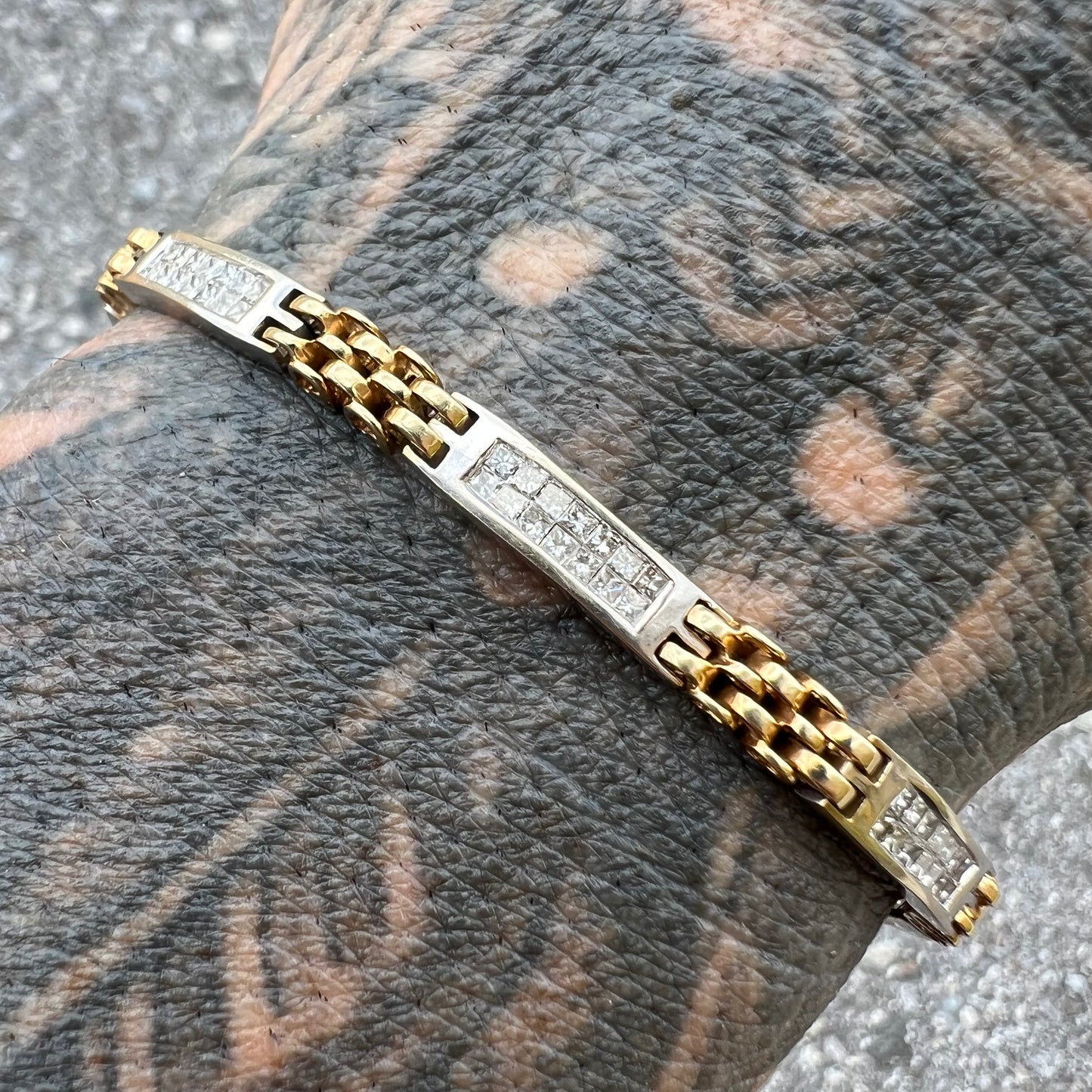 Vintage 14k Two-Tone 2.1CTW Princess Cut Diamond Bracelet (7.25”)