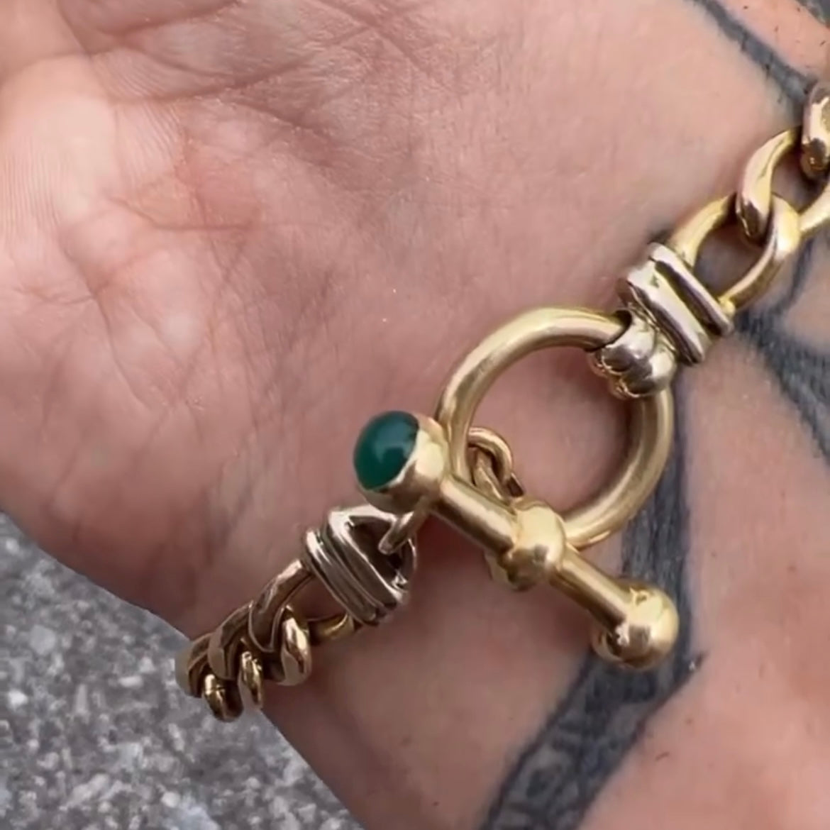Vintage 14k Cuban Link Bracelet With Green Cabochon Stone Toggle Clasp