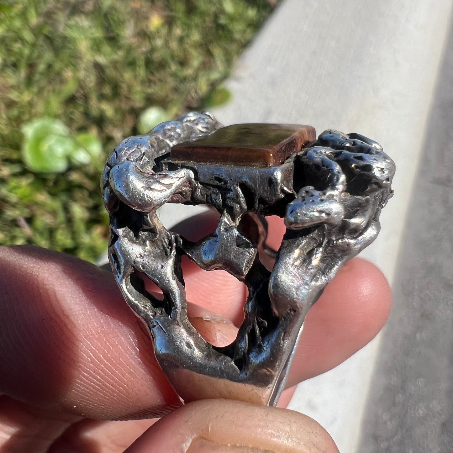 Mid Century Sterling Tigers Eye Coyote And Diamondback Rattle Snake Ring
