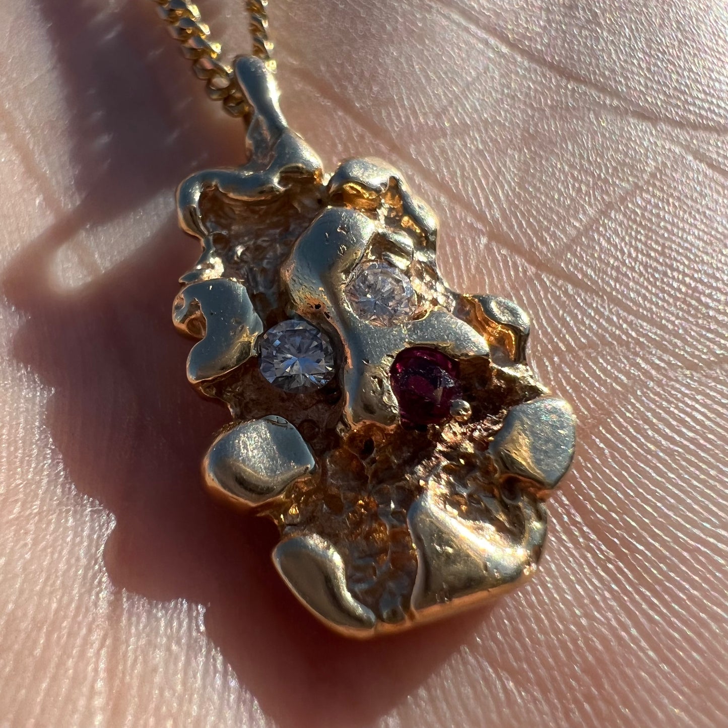 1980’s Solid 14k Diamond/Ruby Nugget Pendant